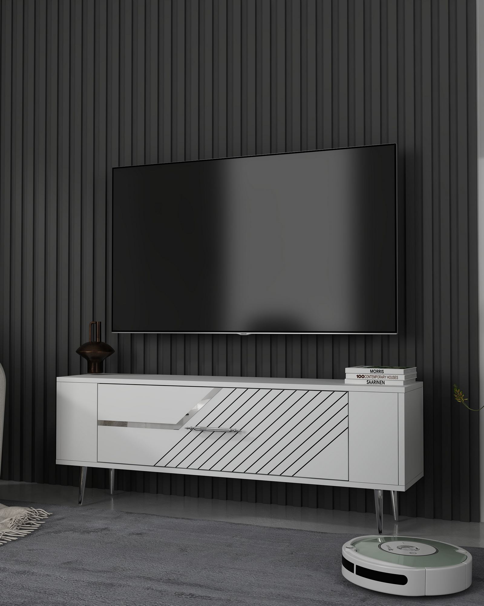 Móvel de TV – 120 cm x 48,2 cm x 26,4 cm – Branco e Prata – Painel de partículas