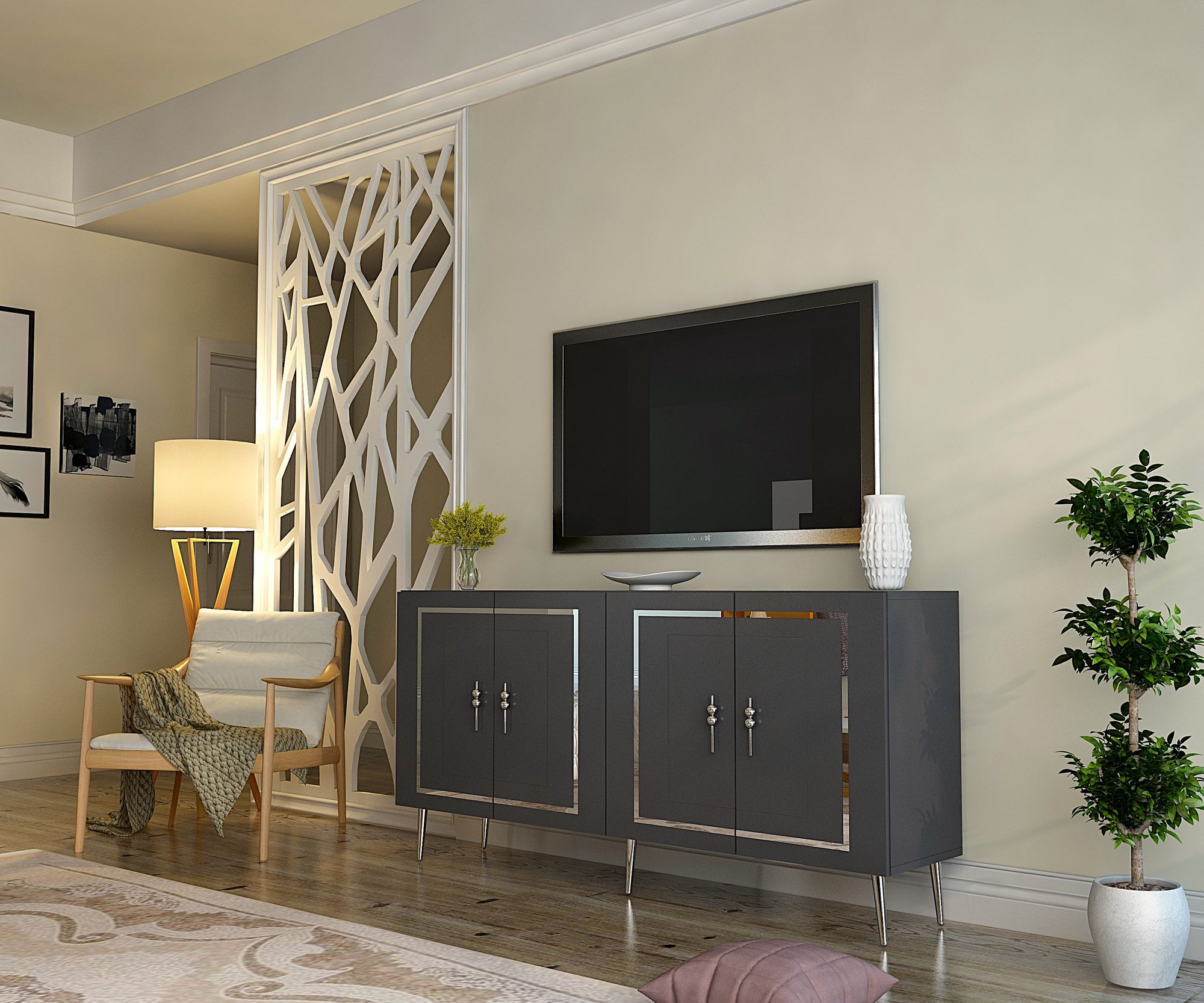 Aparador – 150cm x 75cm x 35cm – Antracite e Prata – Aglomerado com revestimento de melamina