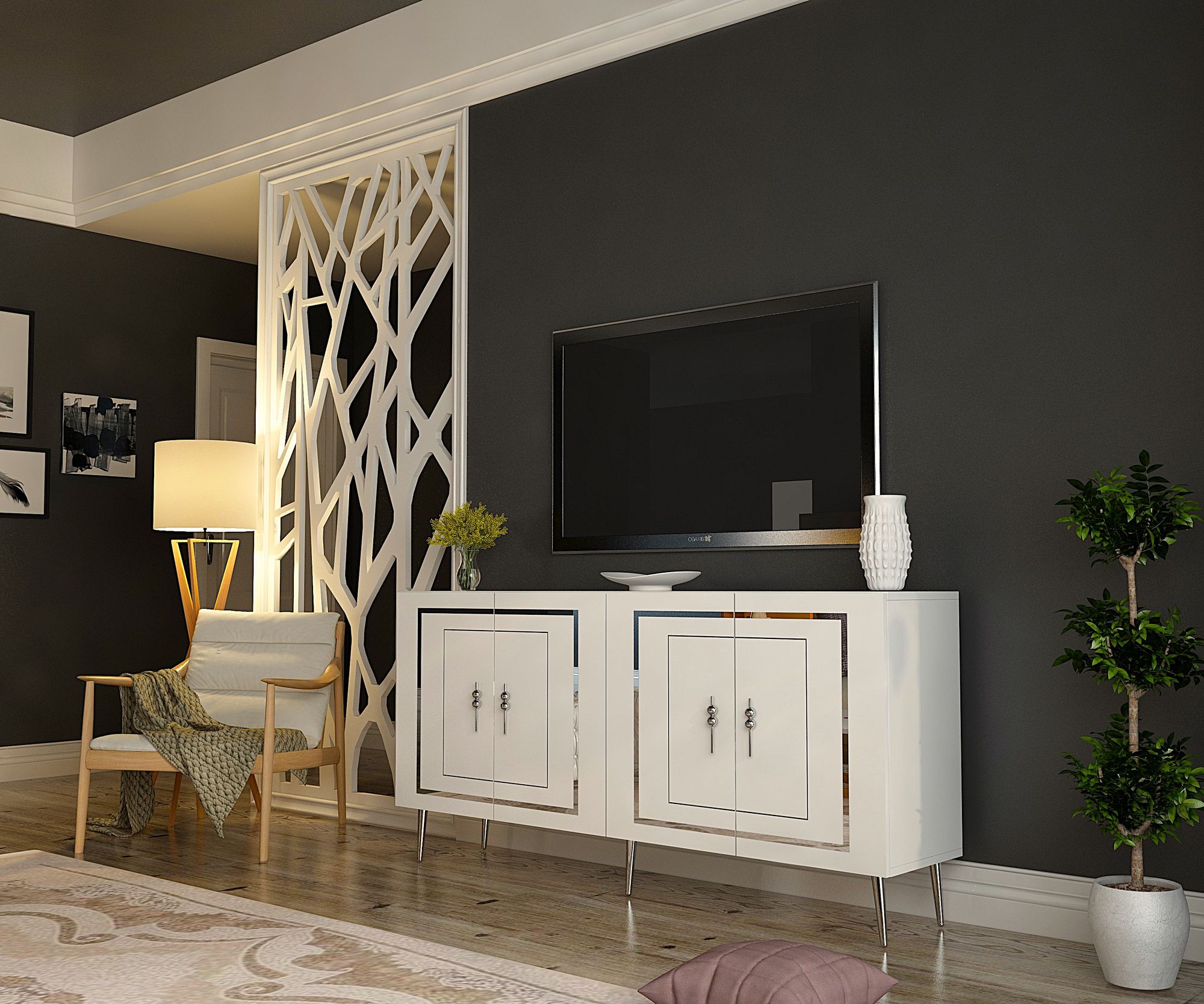 Aparador – 150 cm – Branco e Prata – Painel de partículas com melamina