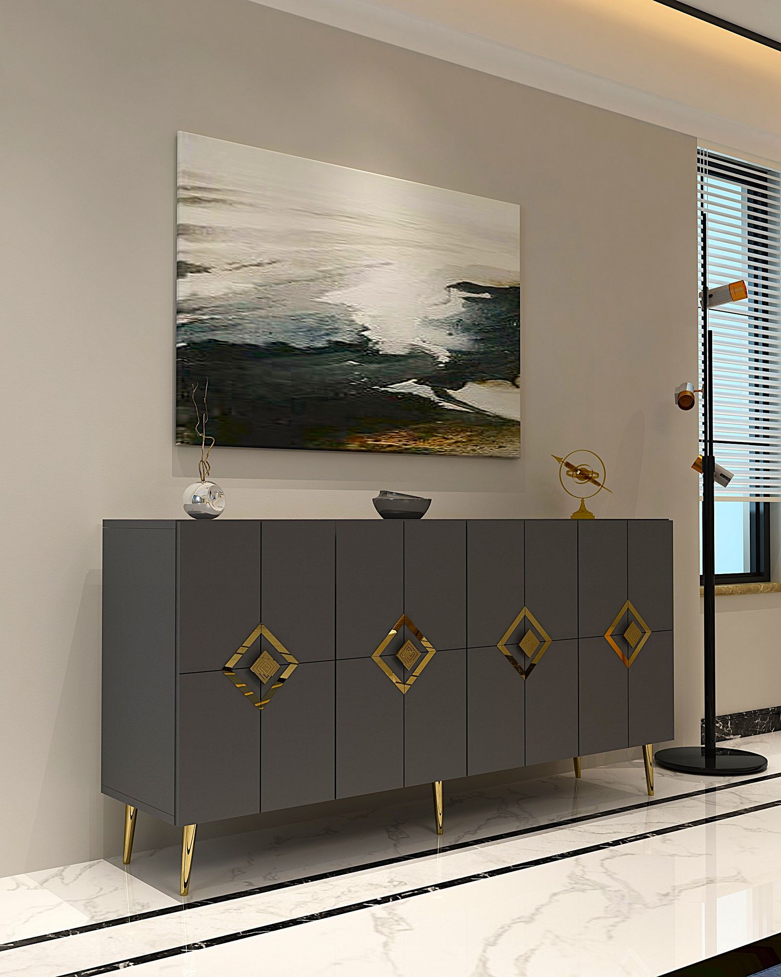 Aparador – 150 cm x 75 cm x 35 cm – Antracite e Ouro – Painel de Partículas Revestido em Melamina