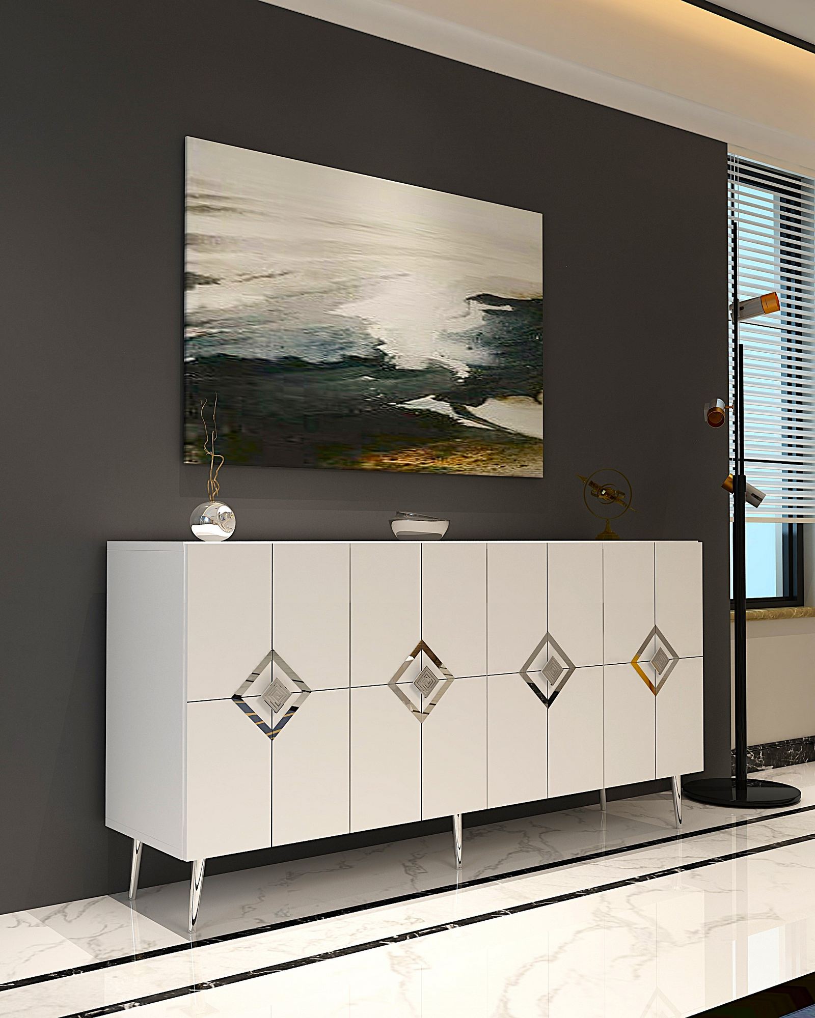 Aparador – 150 cm x 75 cm x 35 cm – Branco e Prata – Painel de partículas revestido com melamina