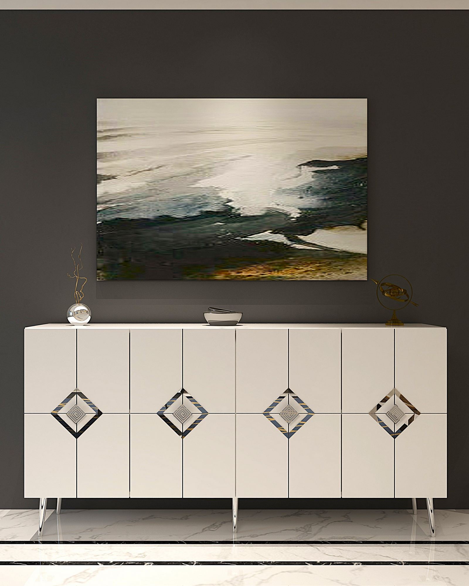 Aparador – 150 cm x 75 cm x 35 cm – Branco e Prata – Painel de partículas revestido com melamina