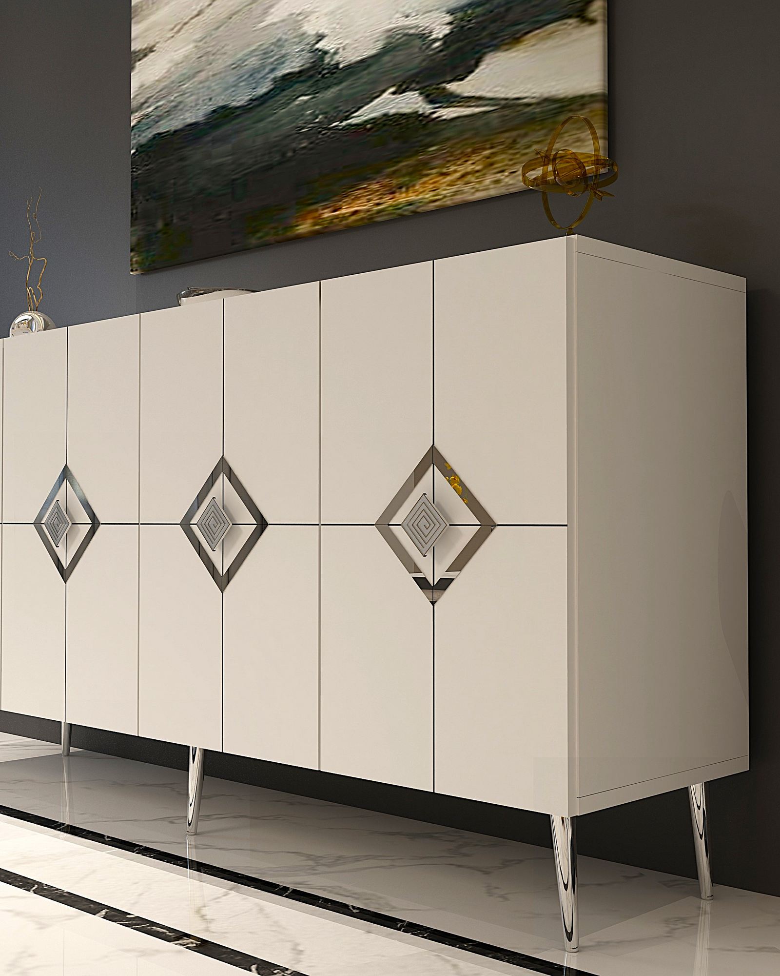 Aparador – 150 cm x 75 cm x 35 cm – Branco e Prata – Painel de partículas revestido com melamina