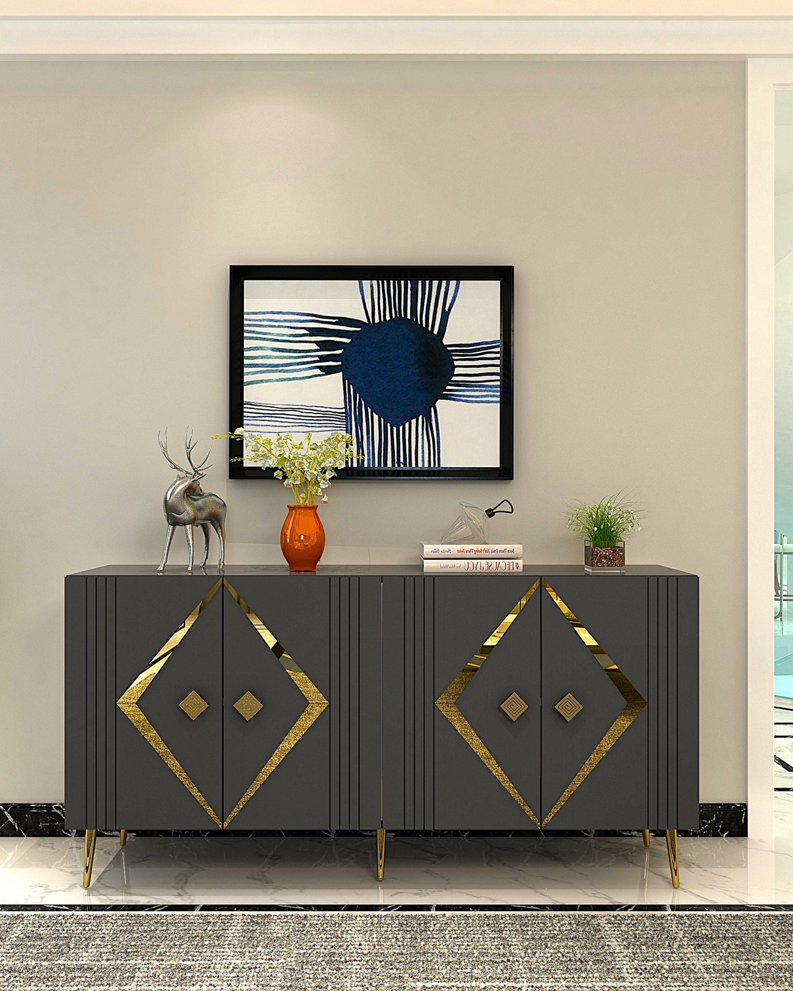 Aparador – 150 cm x 75 cm x 35 cm – Antracite e Ouro – Painel de Partículas Revestido em 100% Melamina
