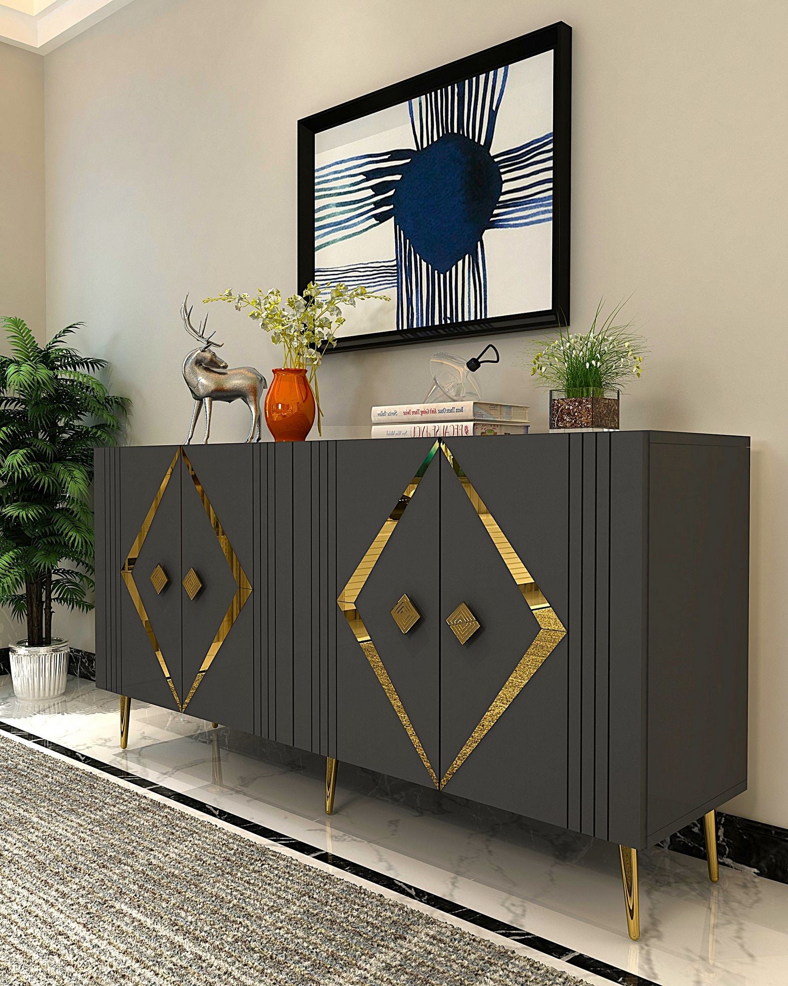 Aparador – 150 cm x 75 cm x 35 cm – Antracite e Ouro – Painel de Partículas Revestido em 100% Melamina