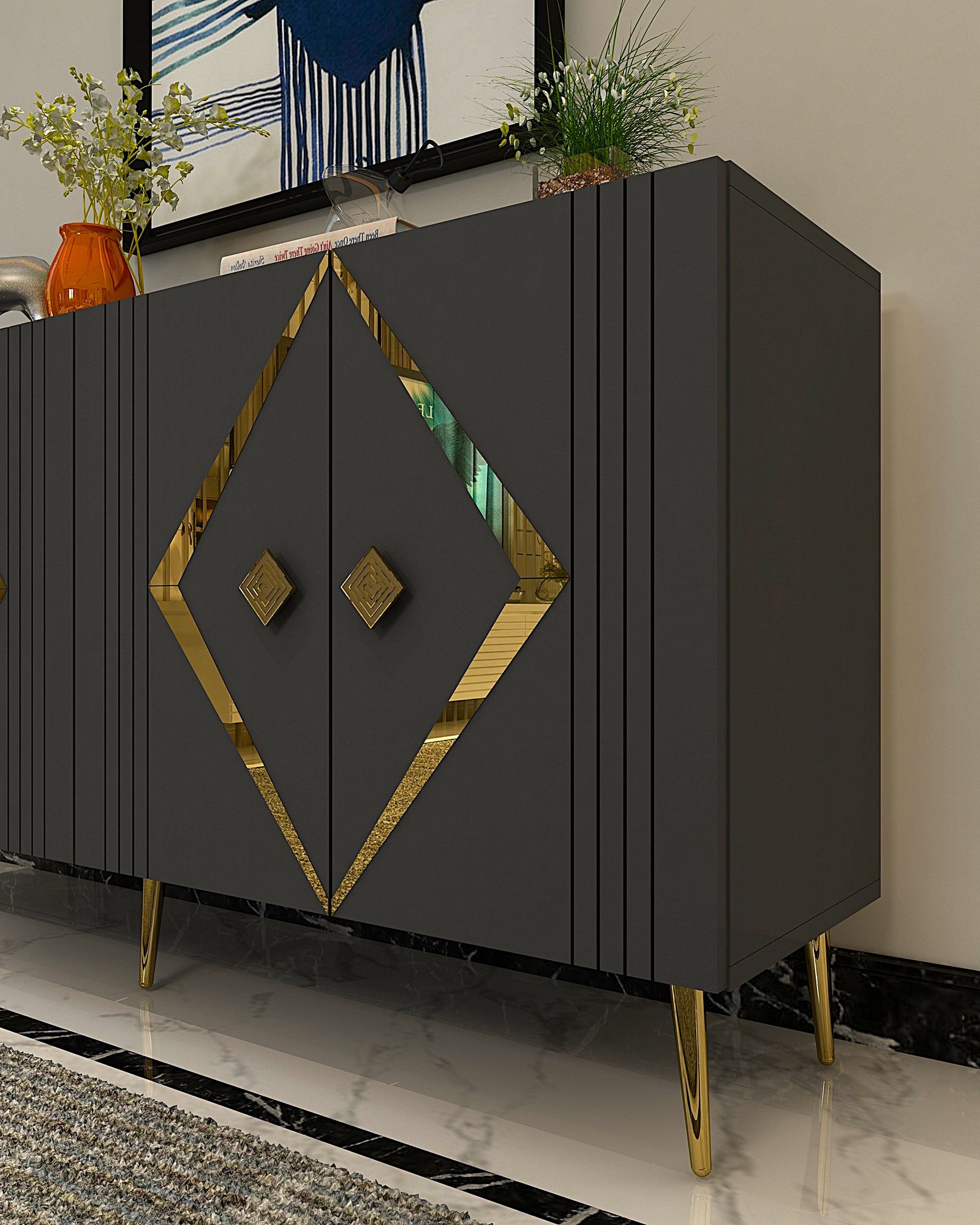 Aparador – 150 cm x 75 cm x 35 cm – Antracite e Ouro – Painel de Partículas Revestido em 100% Melamina