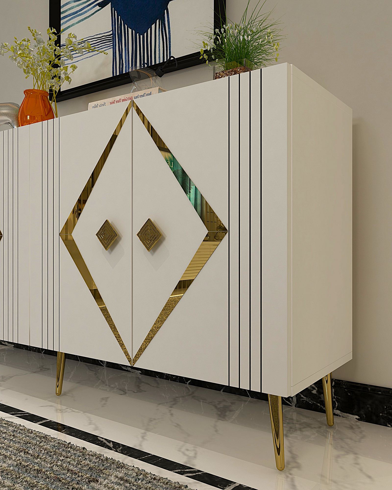 Aparador – 150 cm – Branco e Dourado – MDF