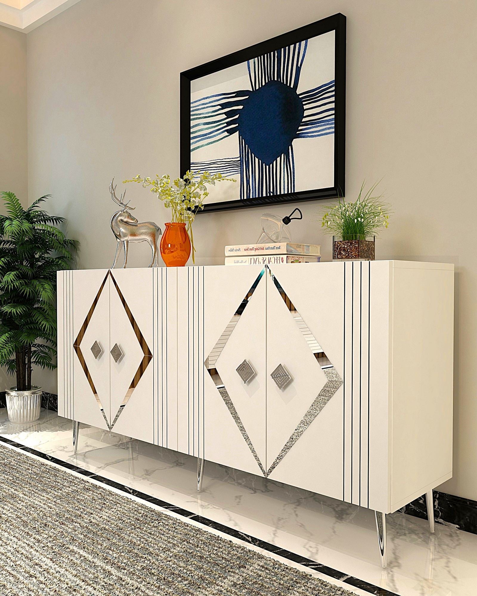 Aparador – 150 cm – Branco e Prata – Painel de partículas revestido com melamina