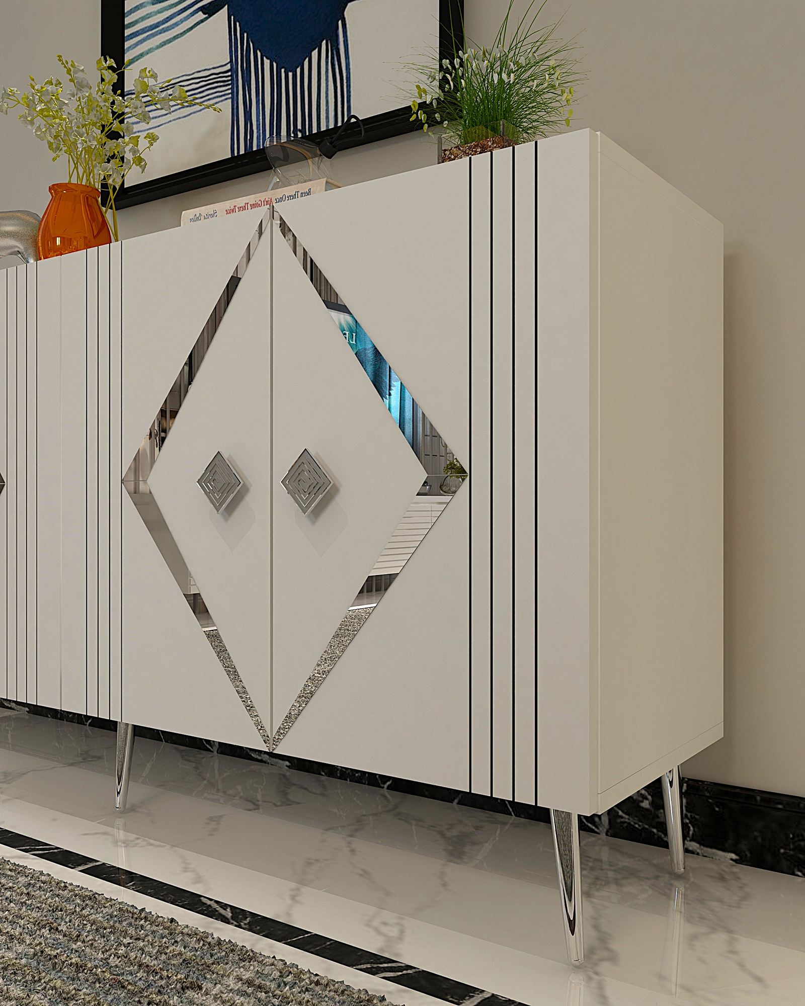 Aparador – 150 cm – Branco e Prata – Painel de partículas revestido com melamina