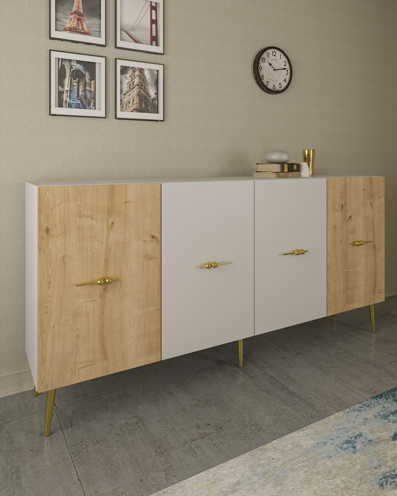Aparador – 150x75x35 cm – Branco e Carvalho Safira – Aglomerado