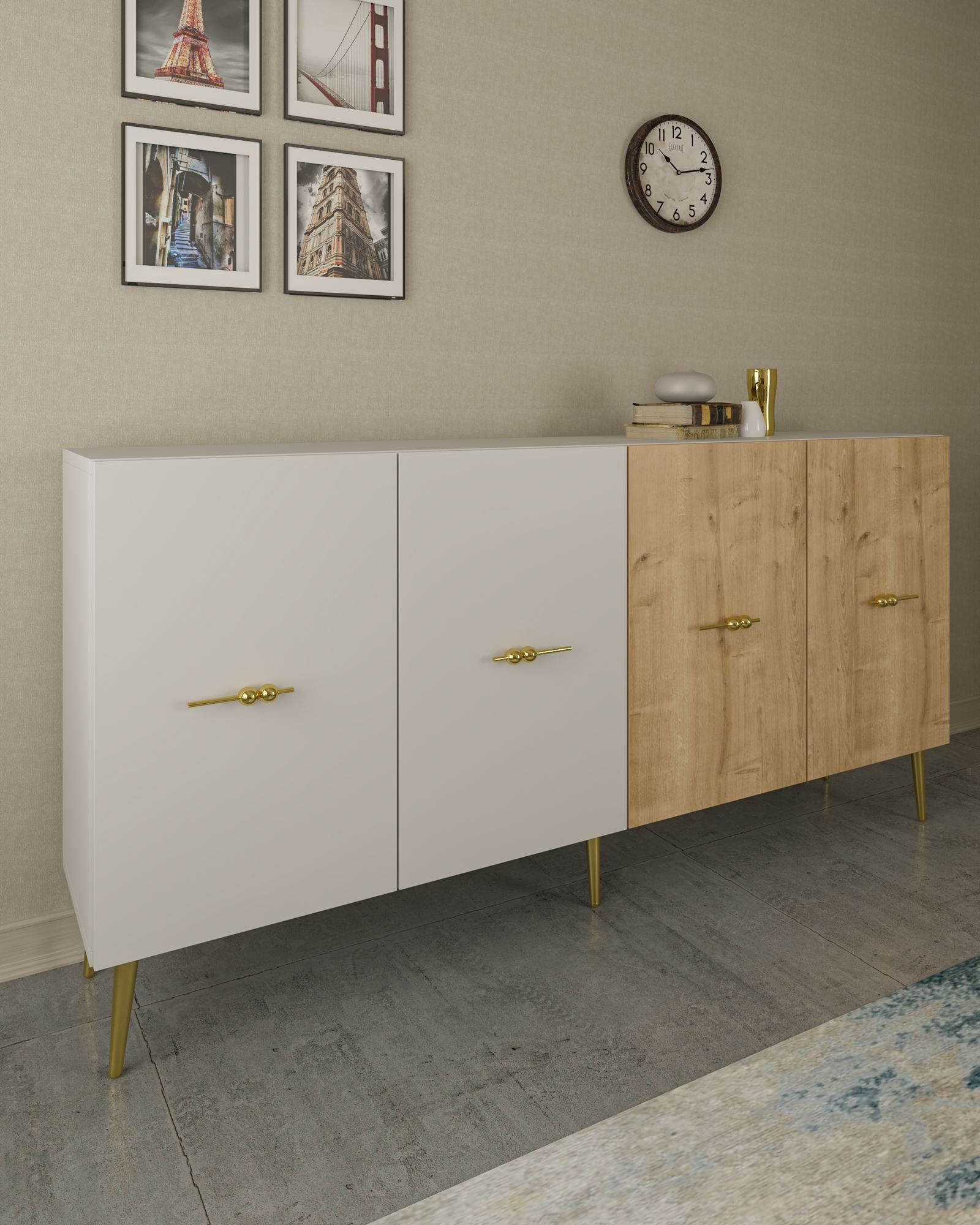 Aparador – 150x75x35 cm – Branco e Carvalho Safira – Aglomerado