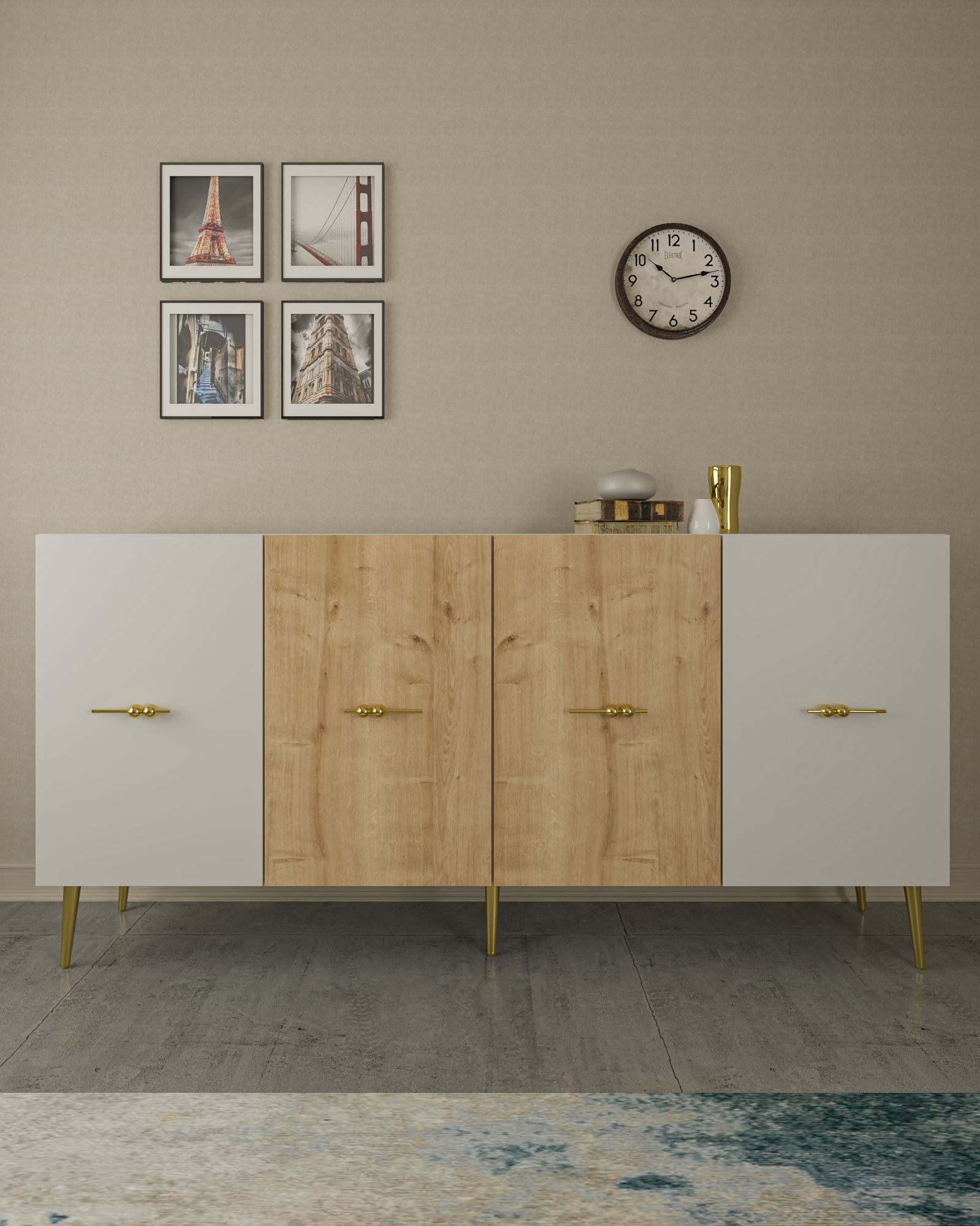 Aparador – 150x75x35 cm – Branco e Carvalho Safira – Aglomerado