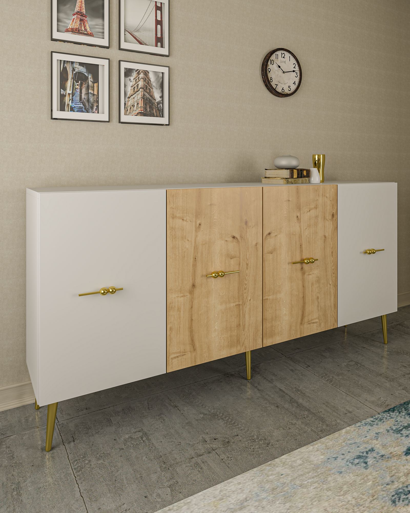 Aparador – 150x75x35 cm – Branco e Carvalho Safira – Aglomerado