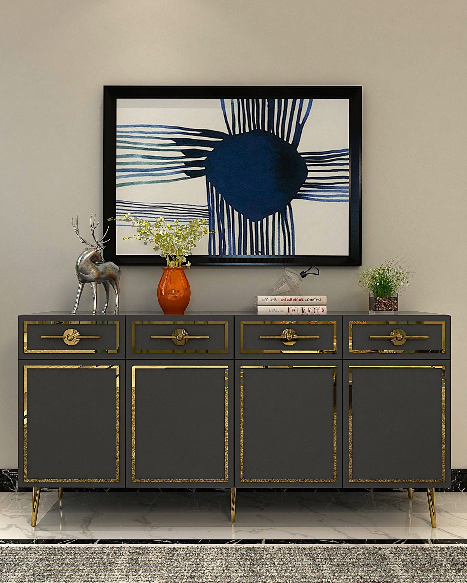 Aparador – 150cm x 75cm x 35cm – Antracite e Ouro – Aglomerado Revestido de Melamina