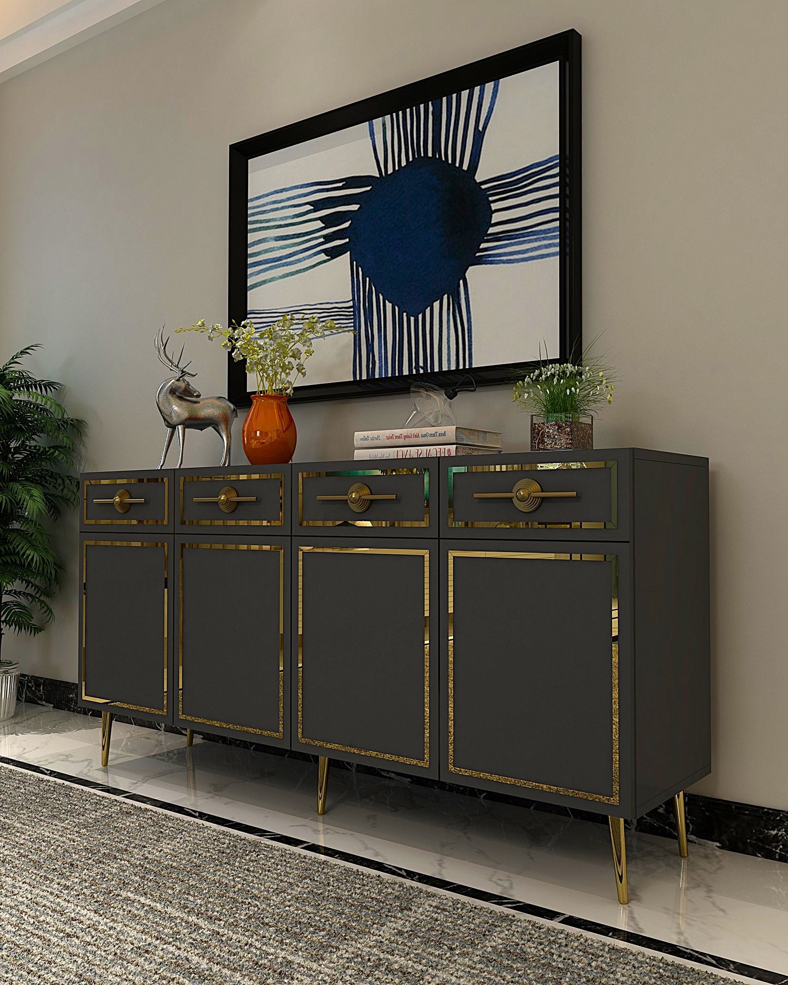 Aparador – 150cm x 75cm x 35cm – Antracite e Ouro – Aglomerado Revestido de Melamina