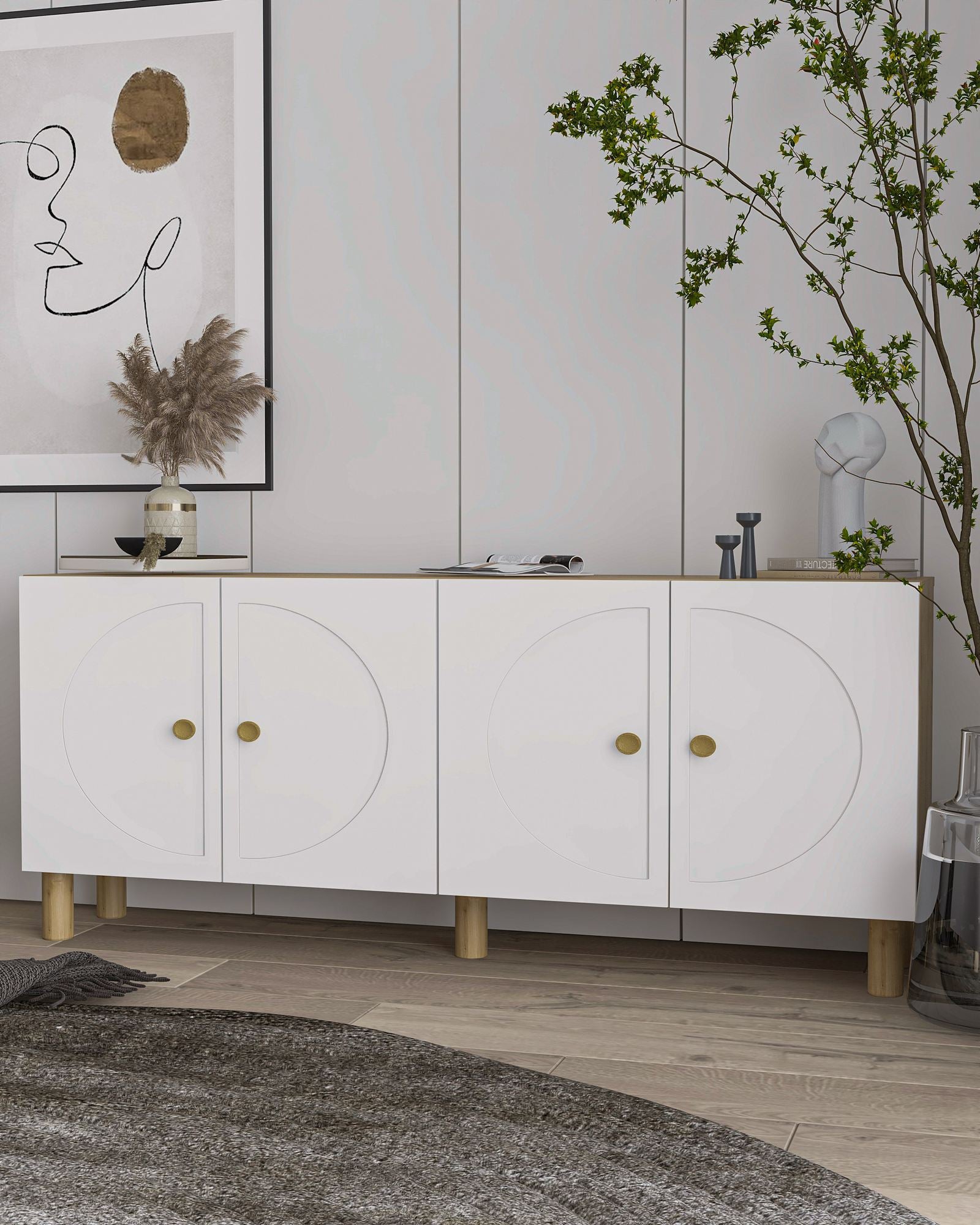 Aparador – 150cm x 75cm x 35cm – Carvalho Safira e Branco – Painel de Partículas