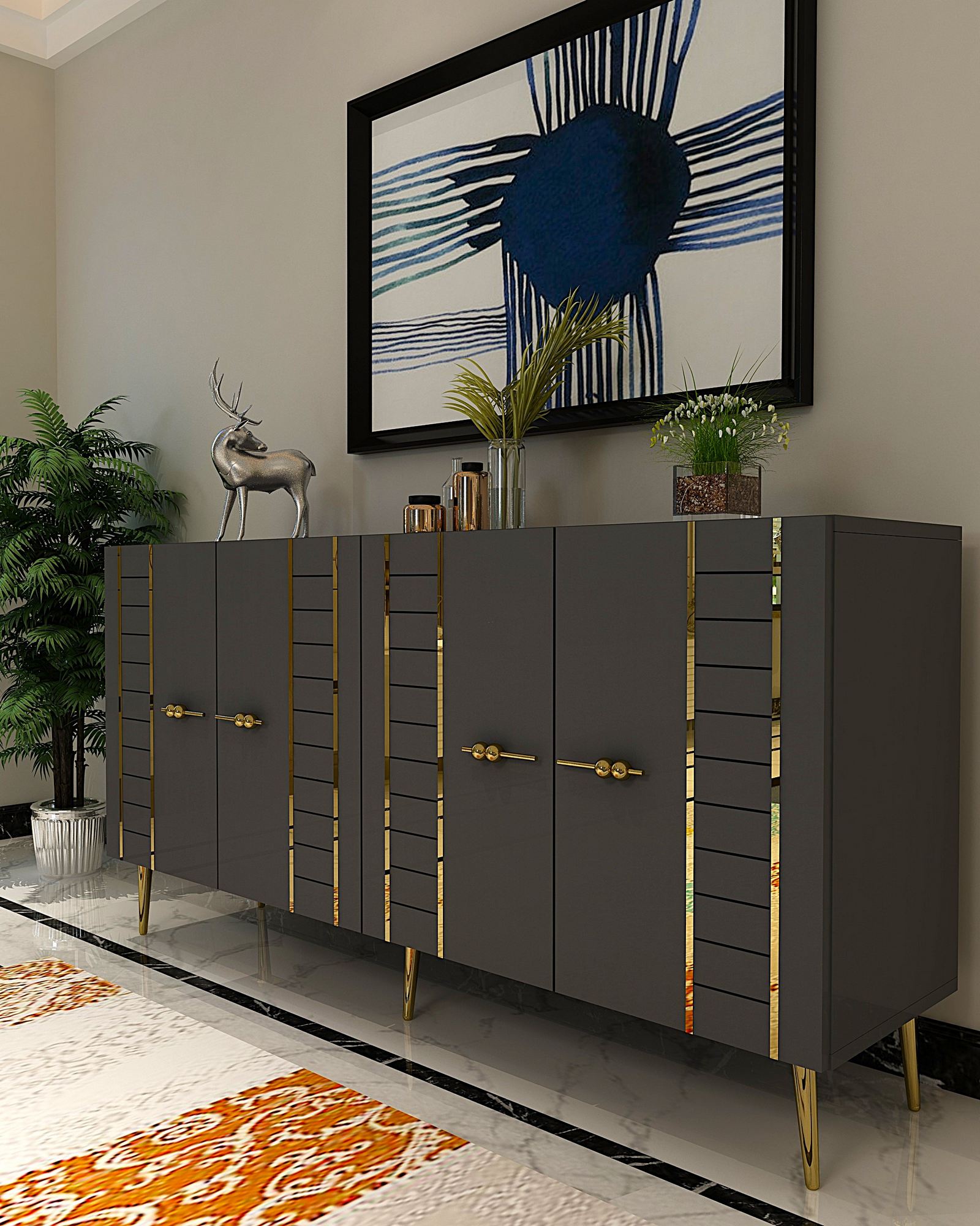 Aparador em Aglomerado Revestido de Melamina – 150cm x 75cm x 35cm – Antracite e Ouro