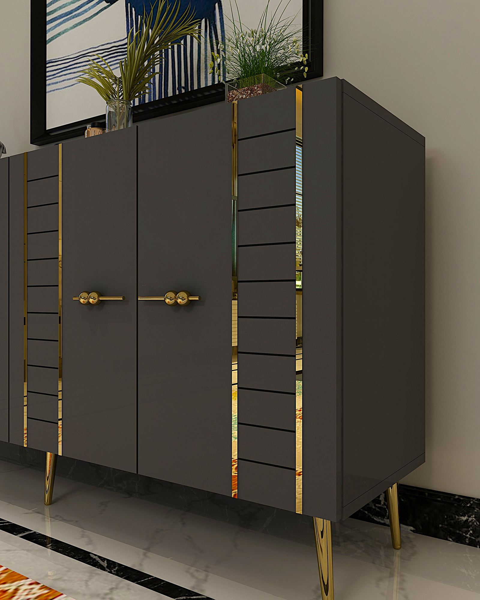 Aparador em Aglomerado Revestido de Melamina – 150cm x 75cm x 35cm – Antracite e Ouro