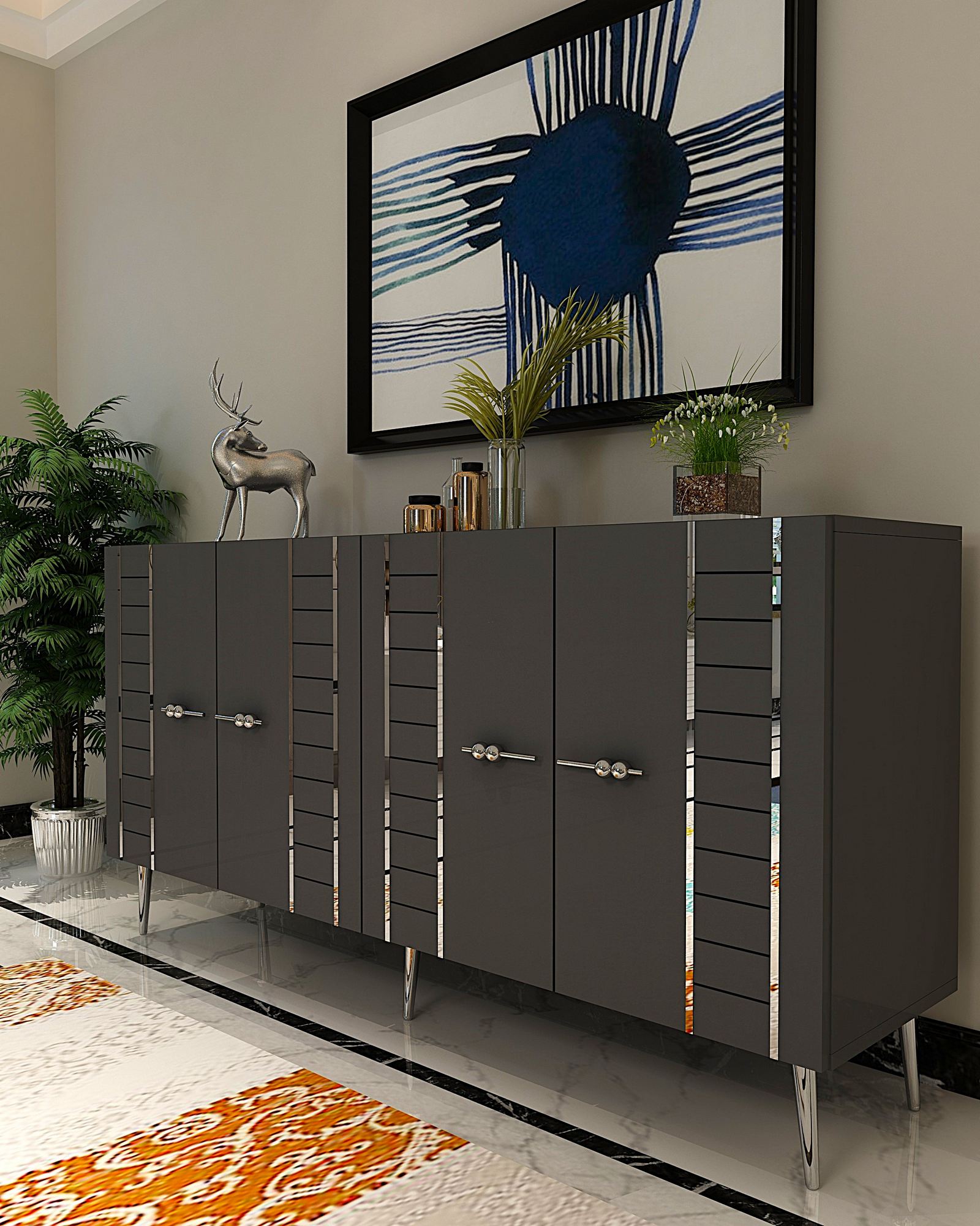 Aparador – 150cm x 75cm x 35cm – Antracite e Prata – Partículas de madeira com melamina