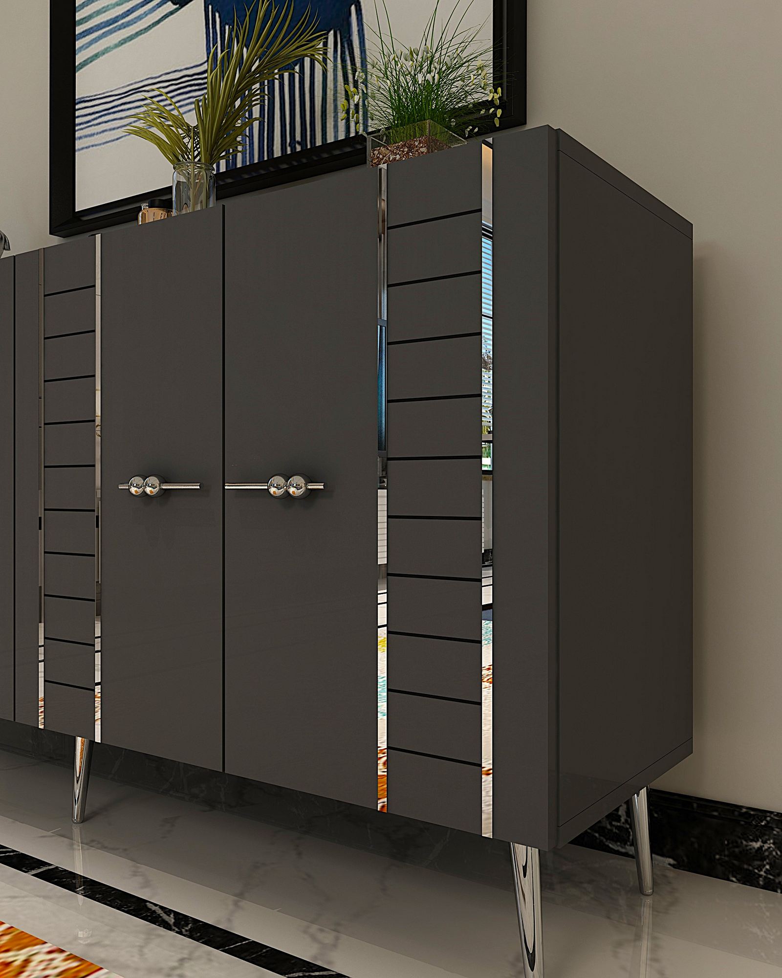 Aparador – 150cm x 75cm x 35cm – Antracite e Prata – Partículas de madeira com melamina