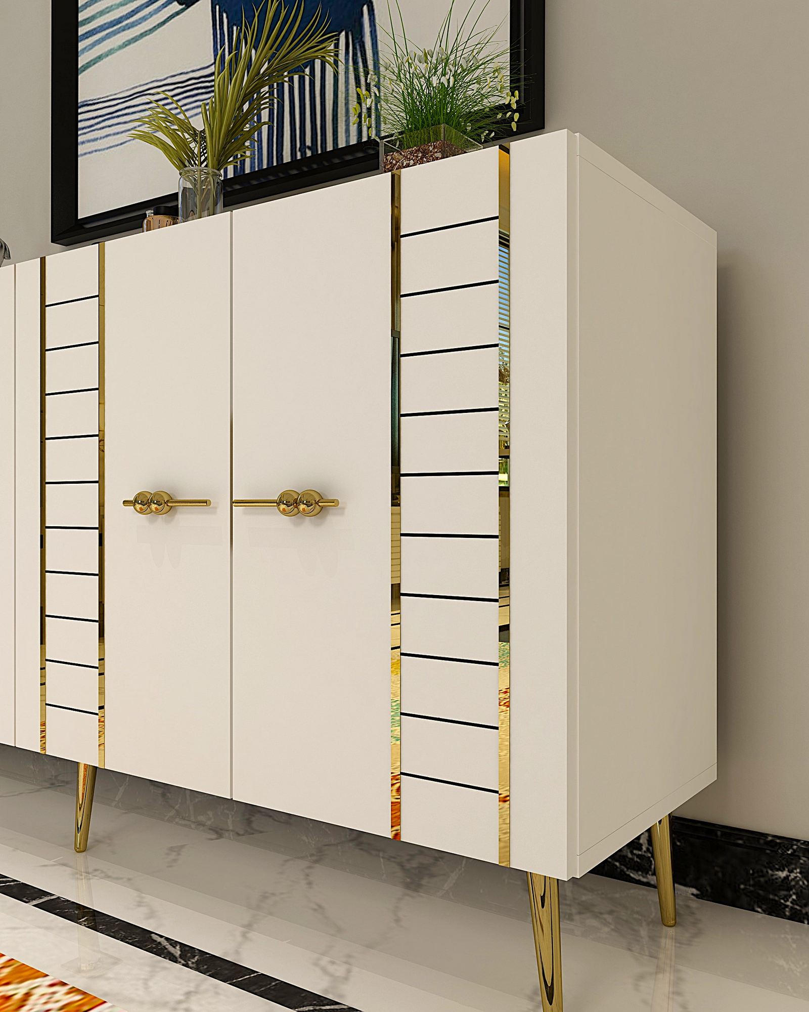 Aparador – 150 cm – Branco e Dourado – Painel de Partículas