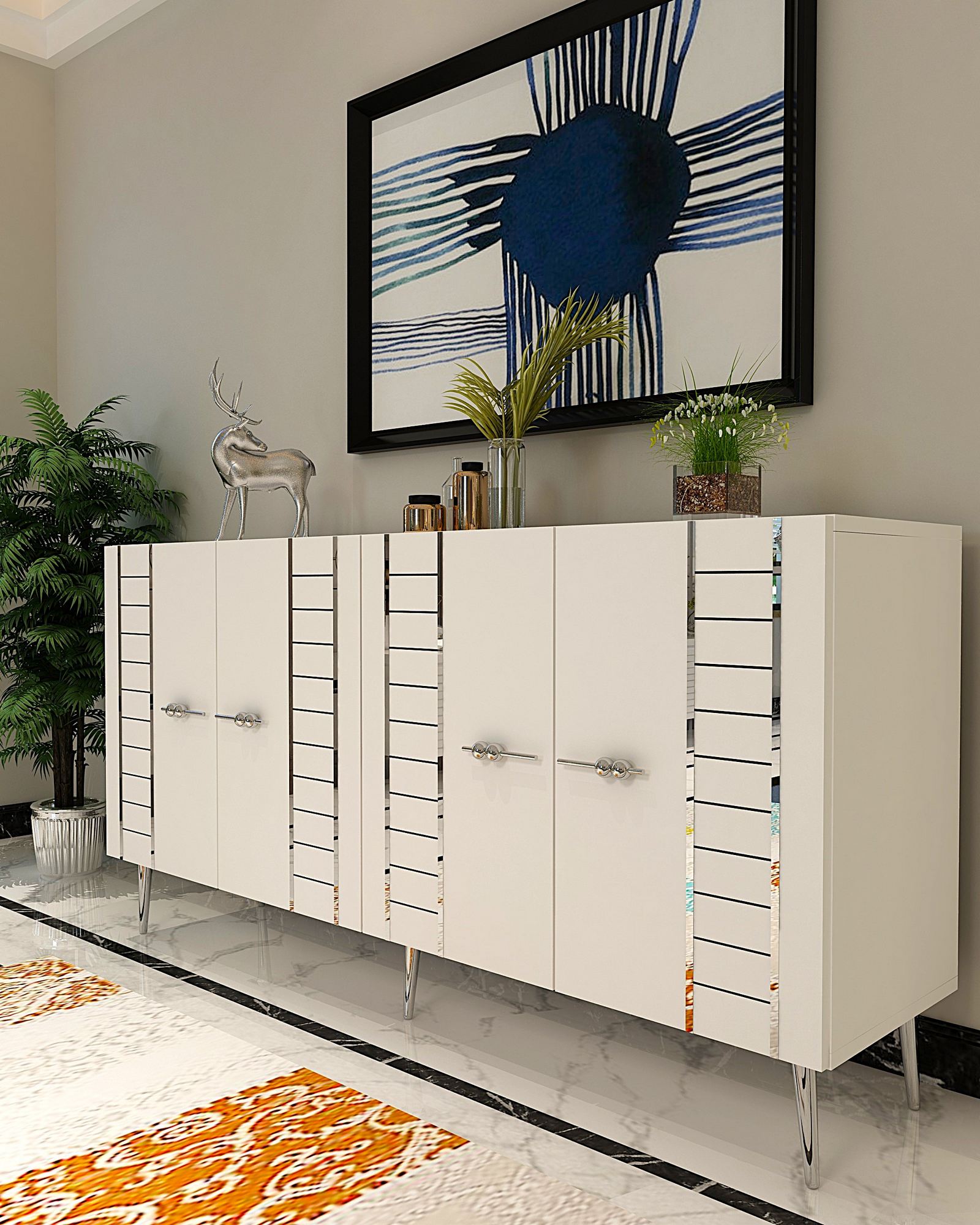 Aparador – 150 cm x 75 cm – Branco e Prata – Aglomerado