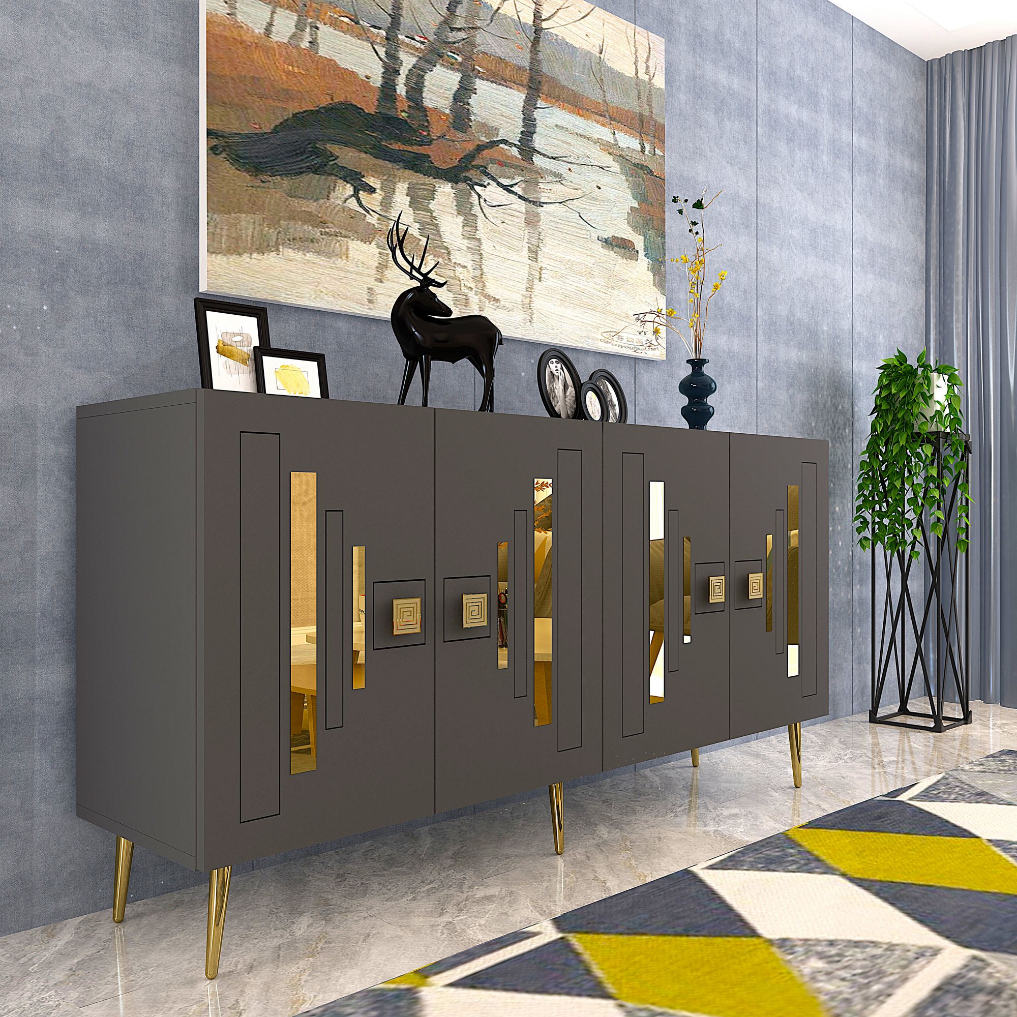Aparador em Aglomerado Revestido de Melamina – 150cm x 75cm x 35cm – Antracite e Ouro