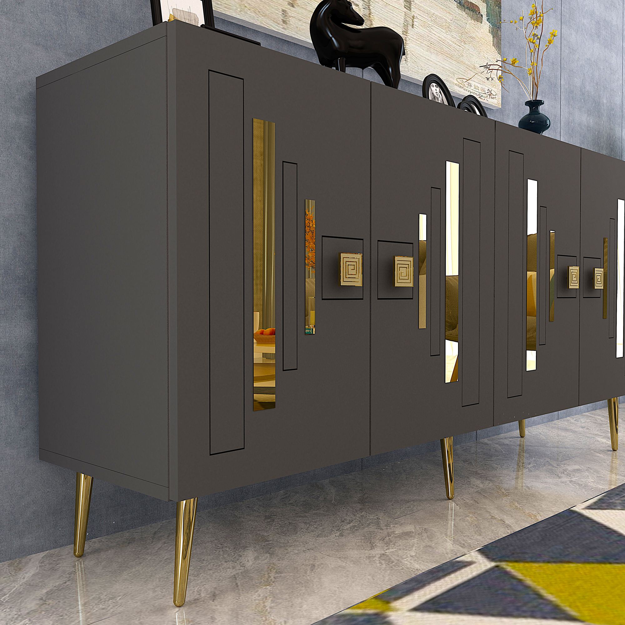 Aparador em Aglomerado Revestido de Melamina – 150cm x 75cm x 35cm – Antracite e Ouro