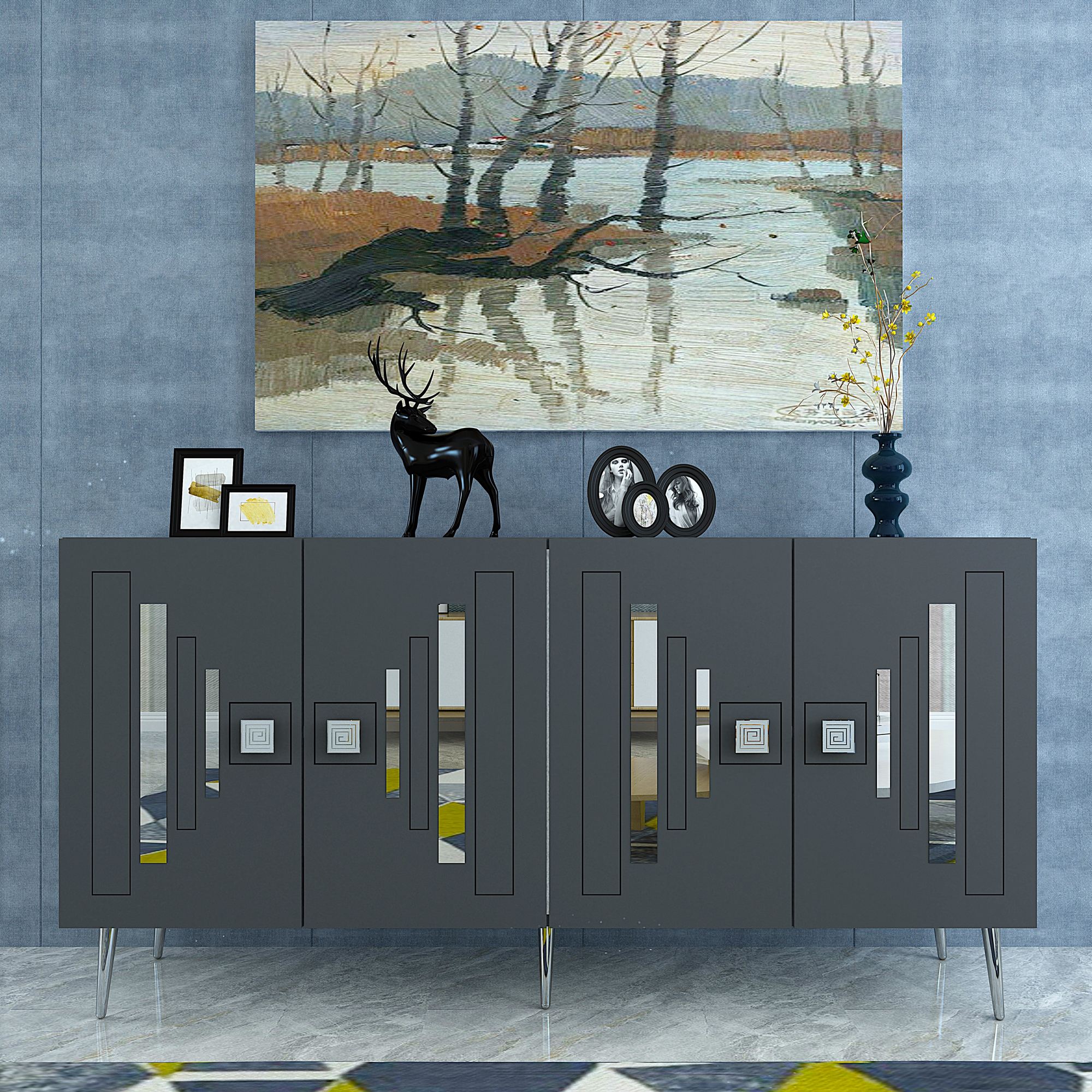 Aparador – 150cm x 75cm x 35cm – Antracite e Prata – Partículas de madeira com melamina