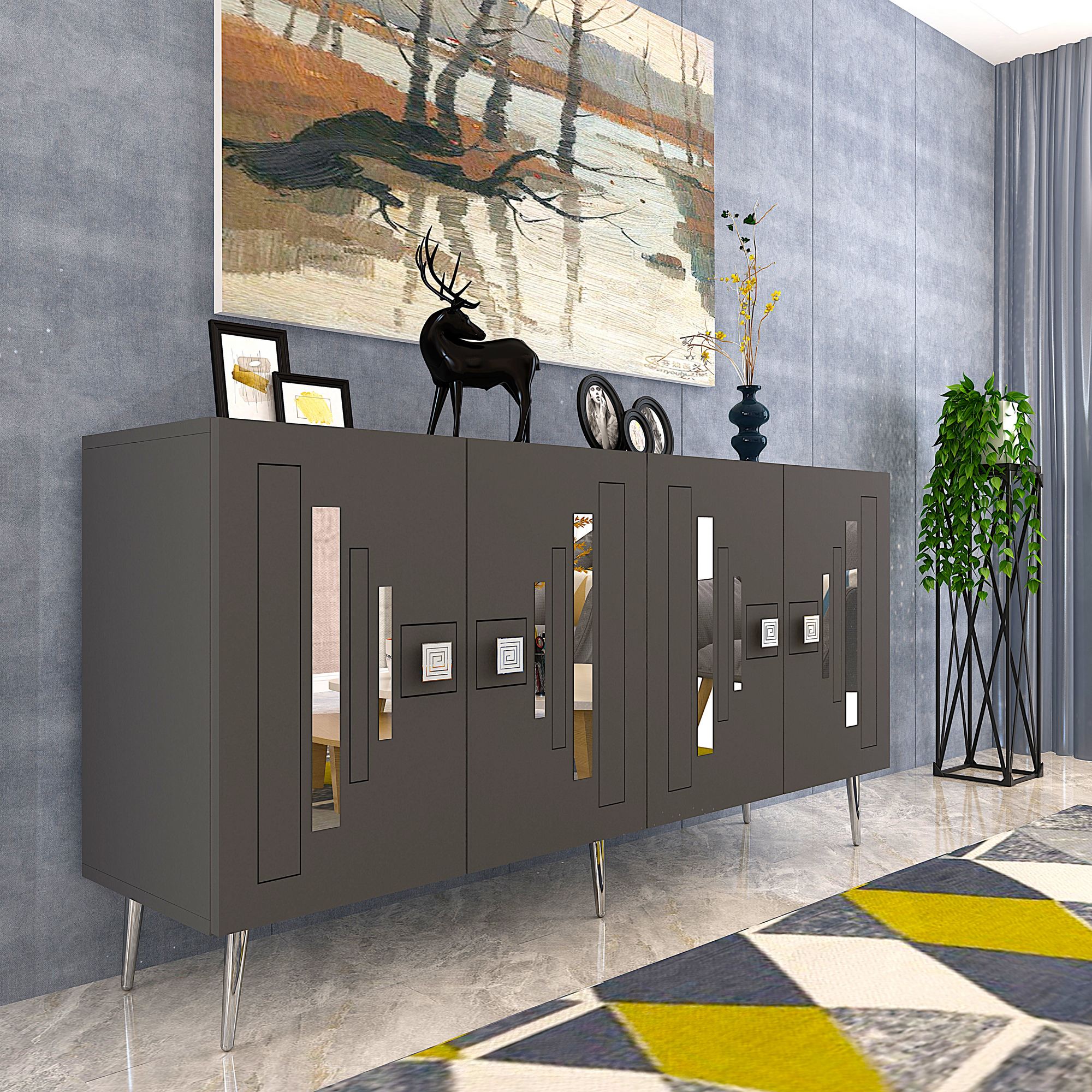 Aparador – 150cm x 75cm x 35cm – Antracite e Prata – Partículas de madeira com melamina