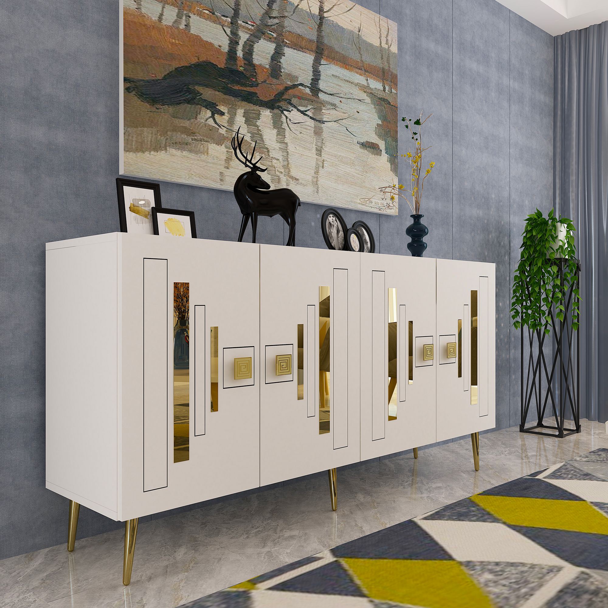Aparador – 150 cm x 75 cm x 35 cm – Branco e Dourado – Painel de Partículas