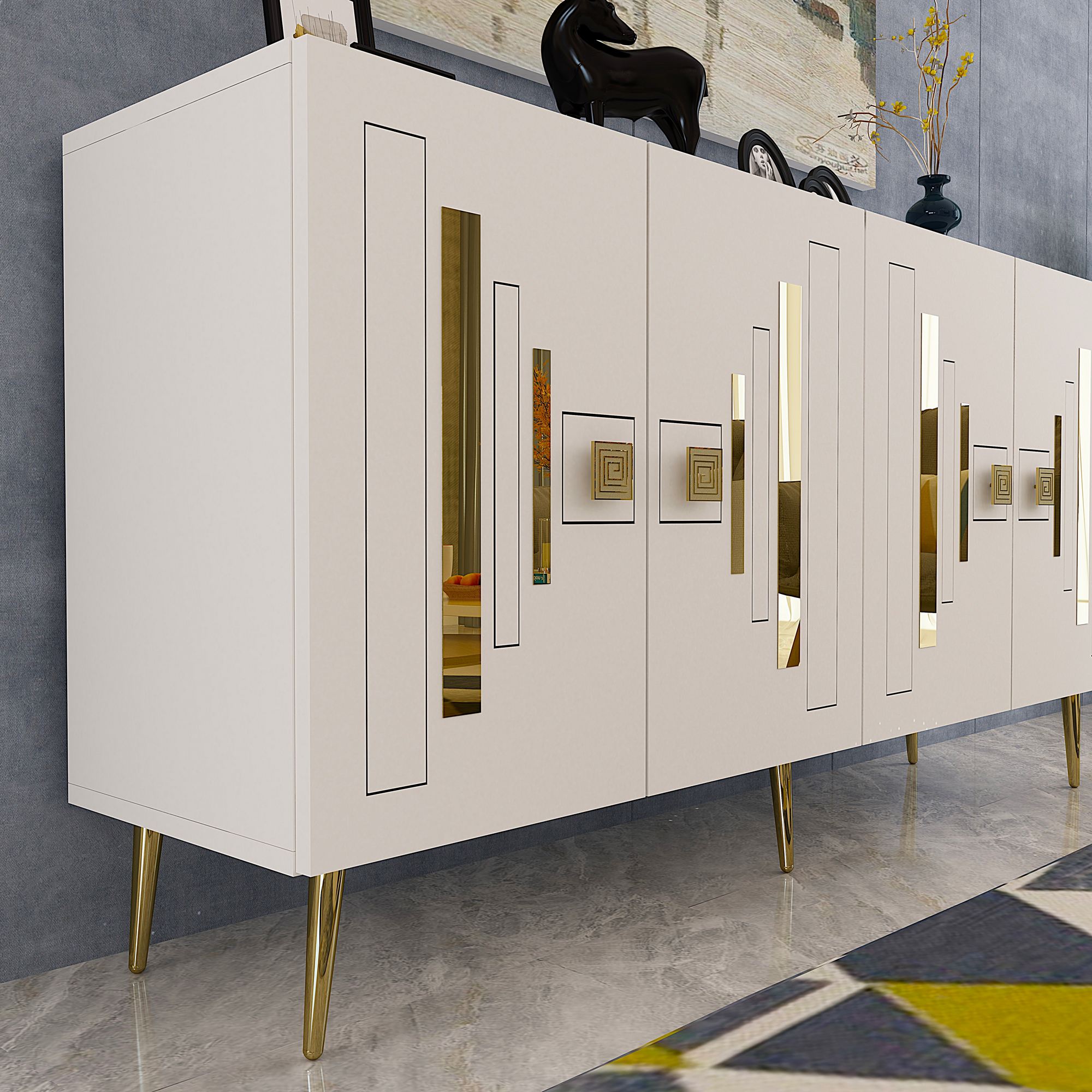 Aparador – 150 cm x 75 cm x 35 cm – Branco e Dourado – Painel de Partículas