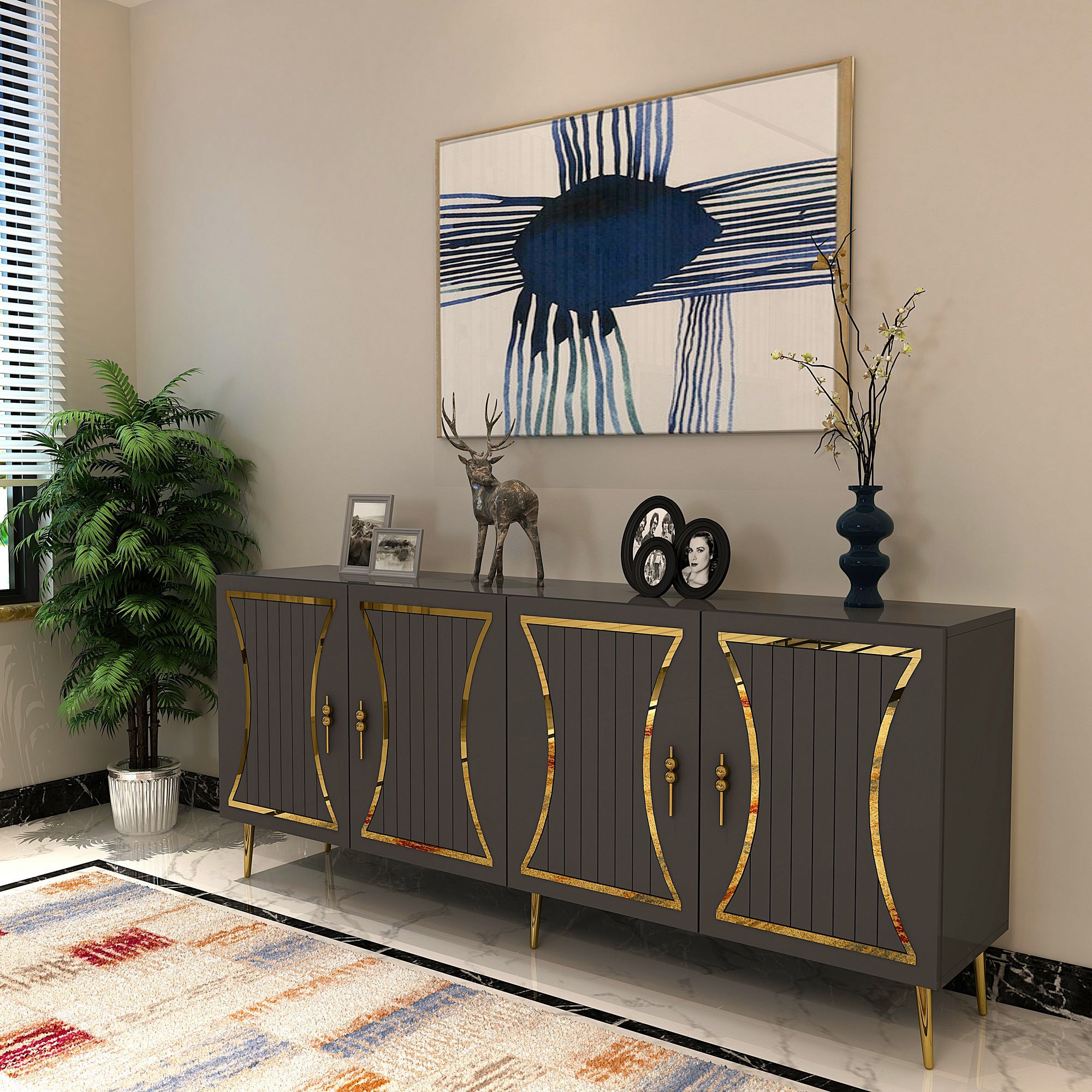 Aparador – 150cm x 75cm x 35cm – Antracite e Ouro – Aglomerado