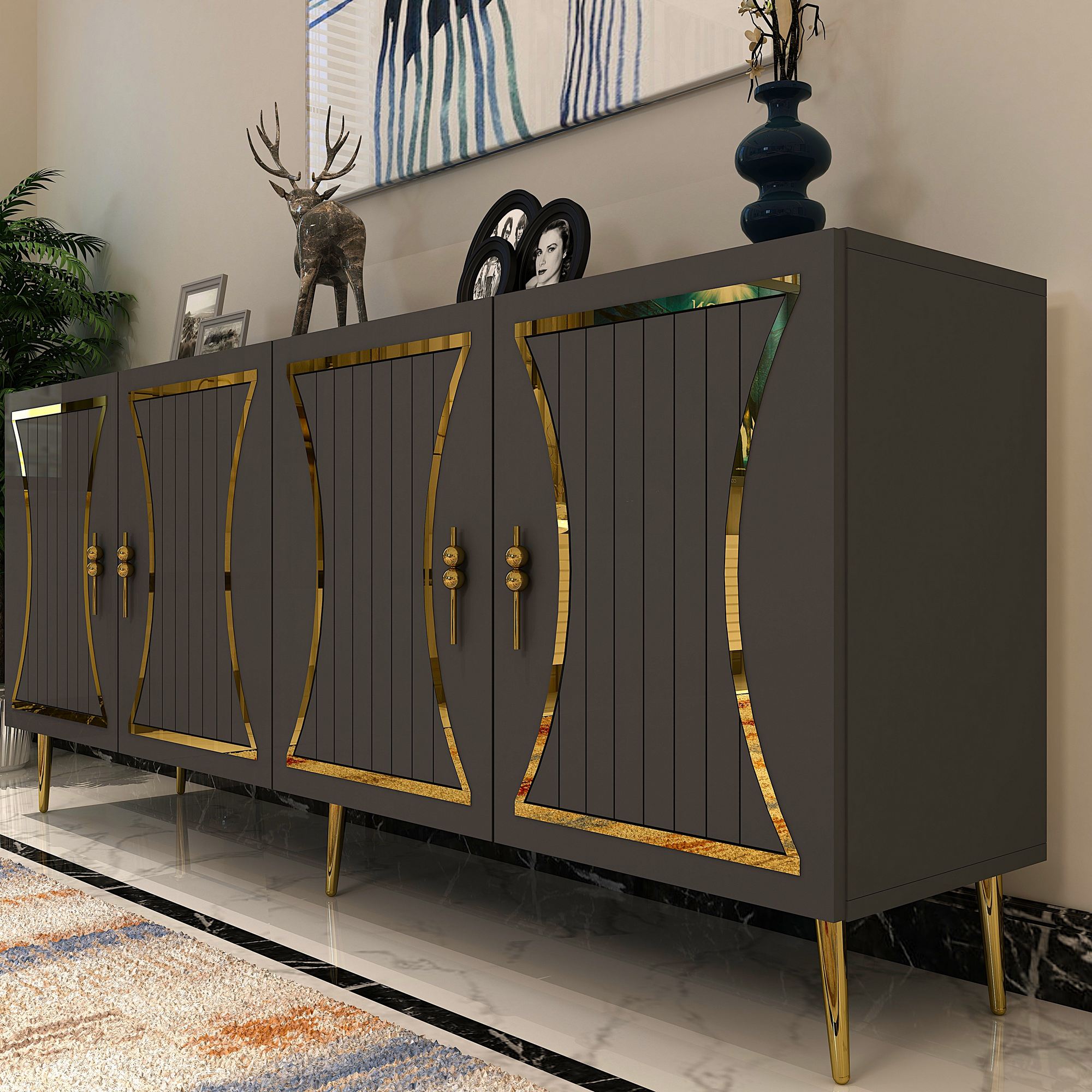 Aparador – 150cm x 75cm x 35cm – Antracite e Ouro – Aglomerado