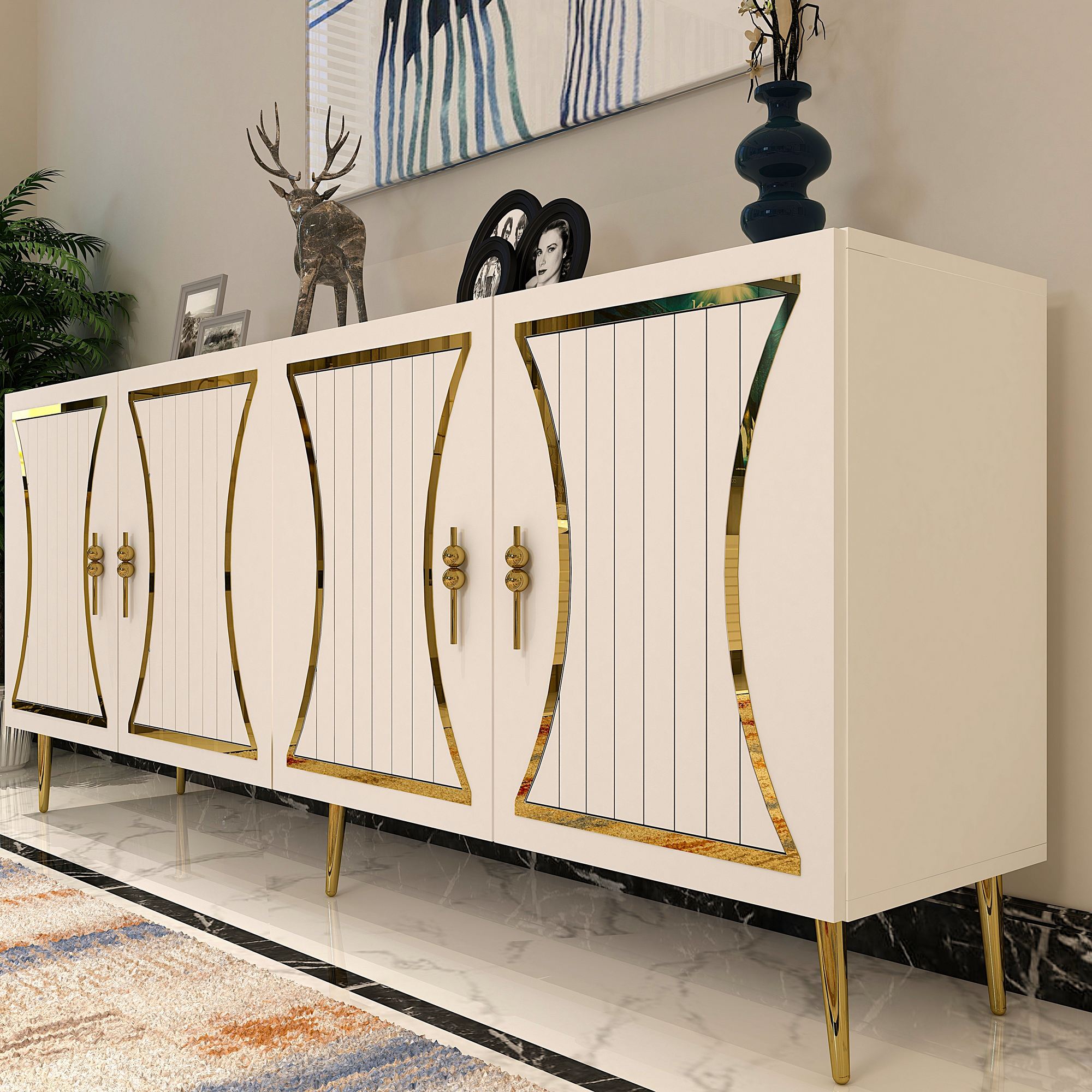 Aparador – 150 cm x 75 cm x 35 cm – Branco e Dourado – Painel de Partículas