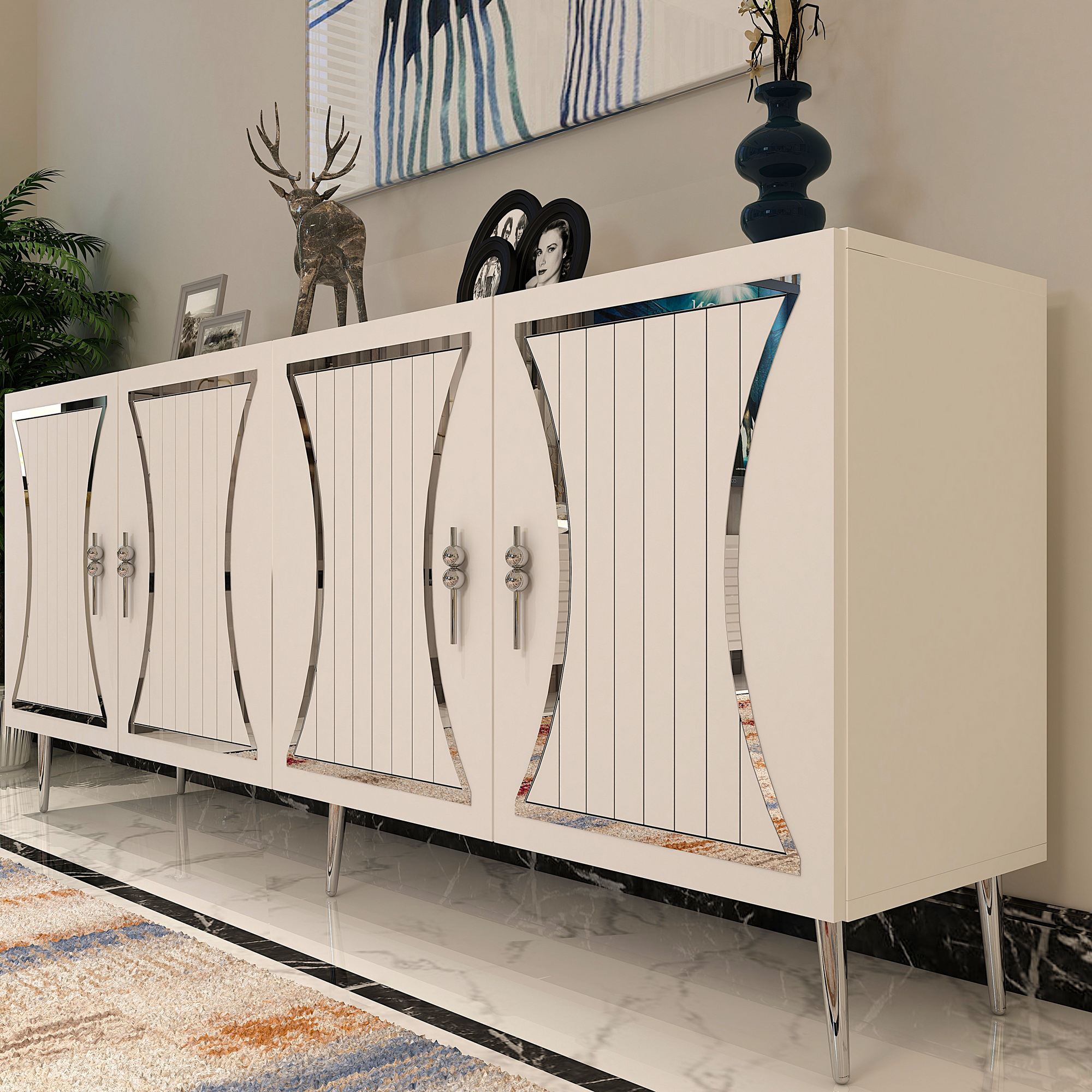 Aparador – 150 cm x 75 cm – Branco e Prata – Aglomerado