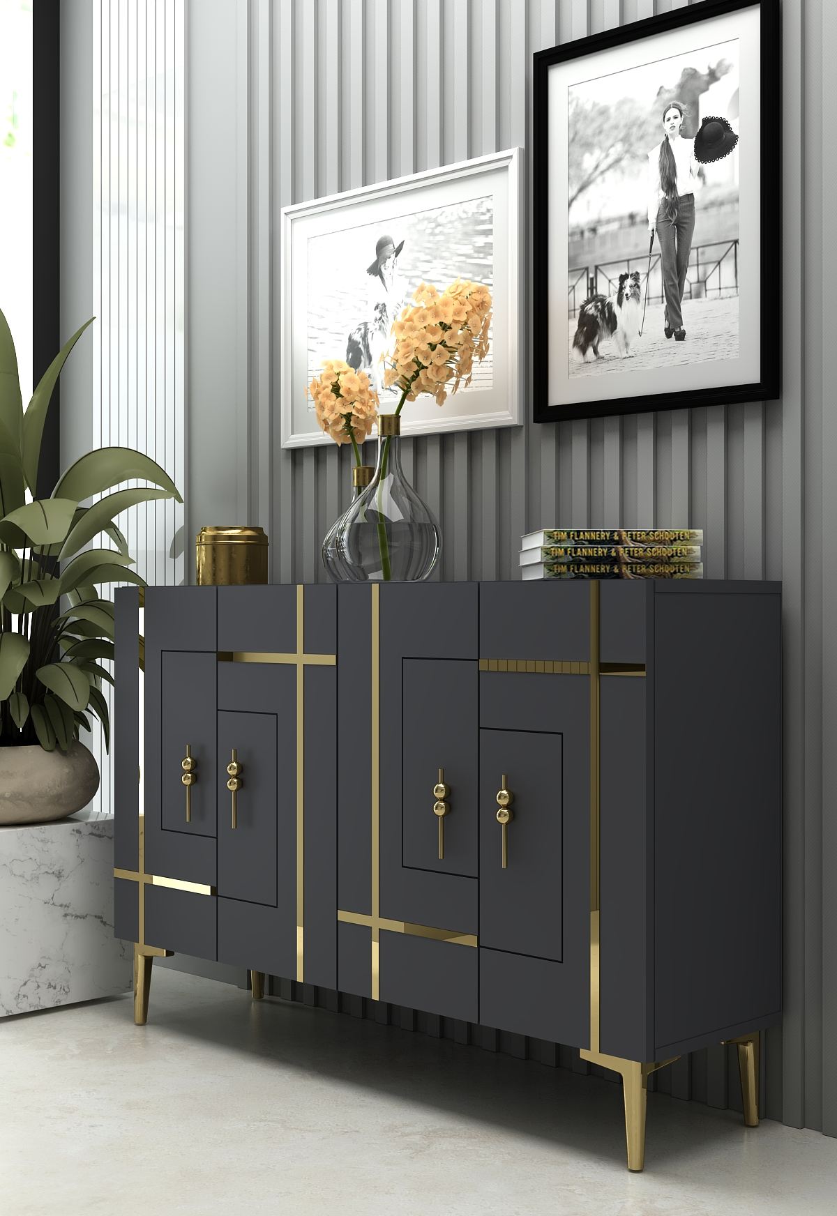 Aparador – 120 cm x 80 cm x 29,6 cm – Antracite e Ouro – Painel de partículas revestido em melamina