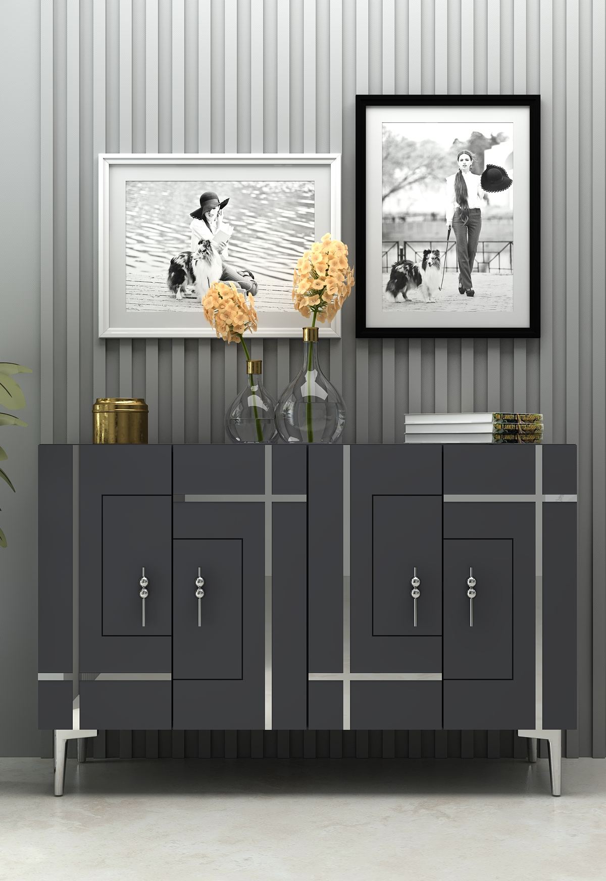 Aparador de MDF revestido de melamina – 120cm x 80cm x 29,6cm – Antracite e Prata