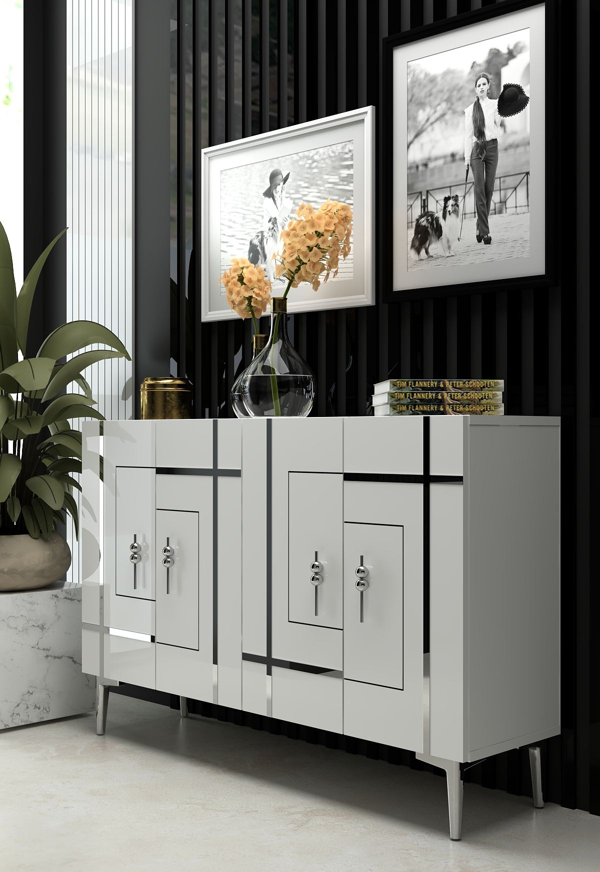 Aparador de aglomerado revestido de melamina – 120 cm x 80 cm – Branco e Prata