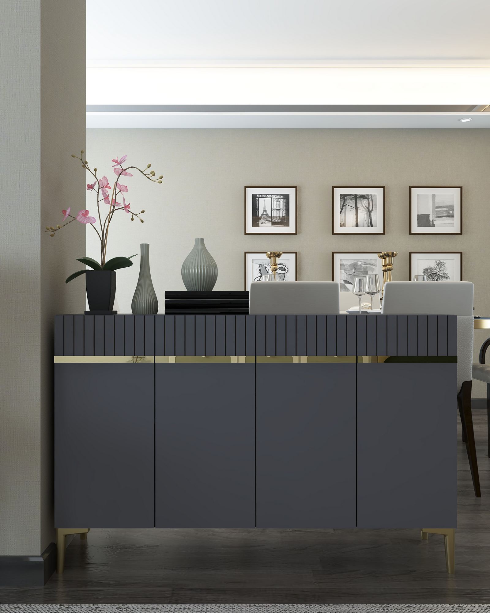 Aparador – 120 cm x 80 cm x 29,6 cm – Antracite e Ouro – Painel de Partículas Revestido em Melamina