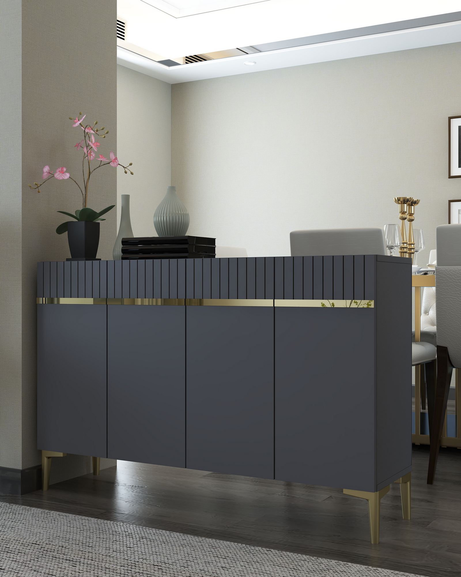 Aparador – 120 cm x 80 cm x 29,6 cm – Antracite e Ouro – Painel de Partículas Revestido em Melamina