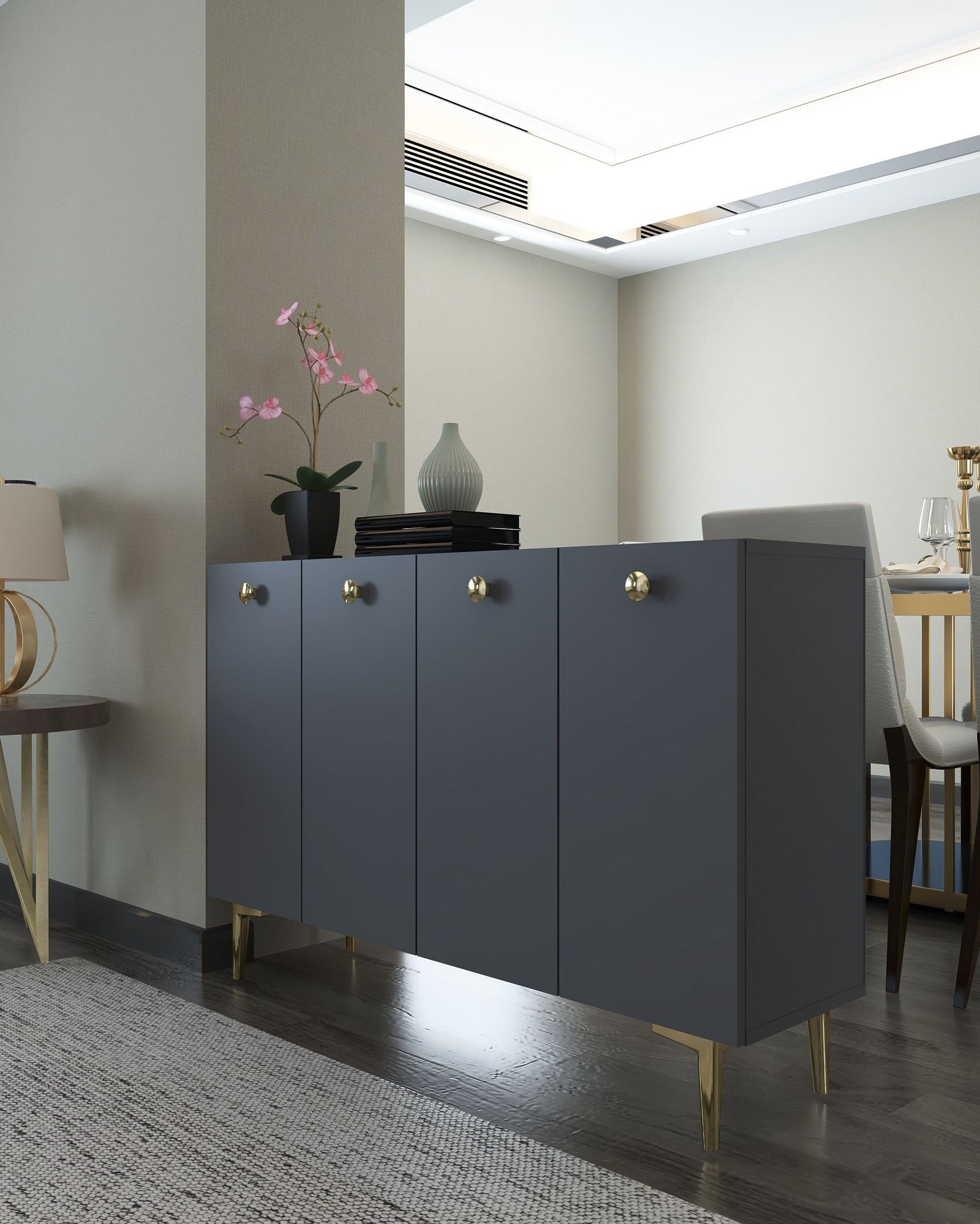 Aparador – 120 cm x 80 cm x 29,6 cm – Antracite e Ouro – Painel de partículas revestido em melamina