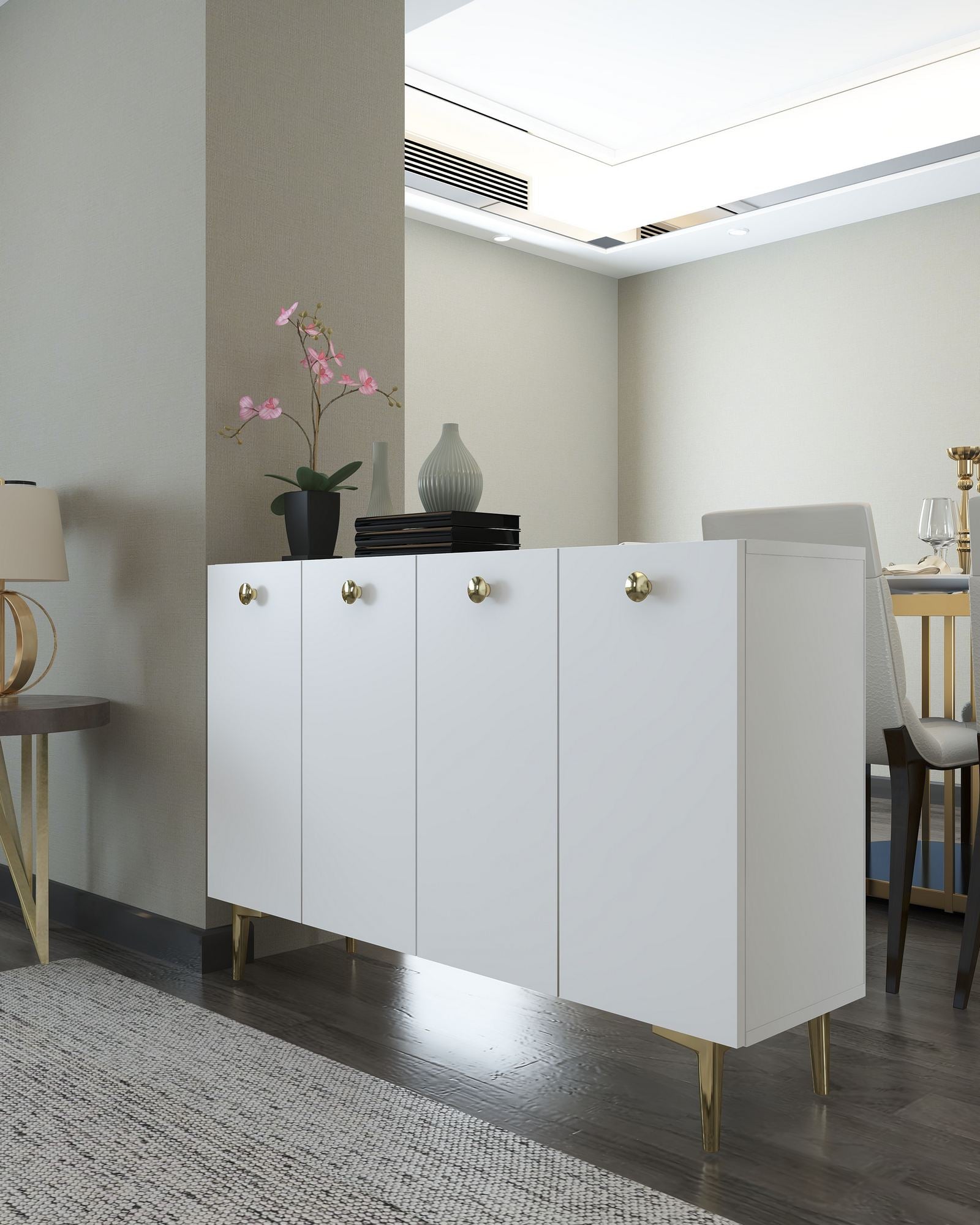 Aparador – 120cm x 80cm – Branco e Dourado – Painel de Partículas Revestido de Melamina