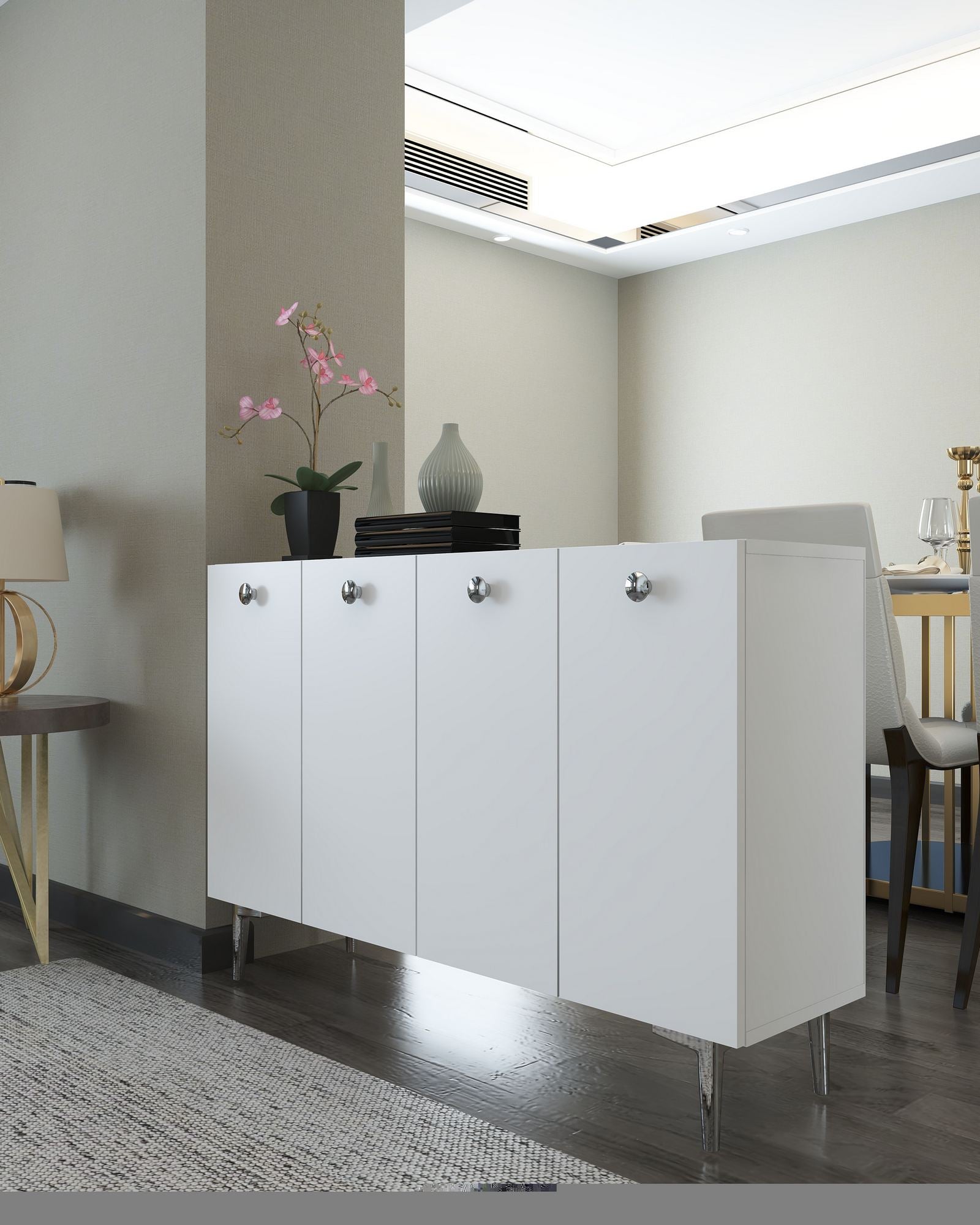 Aparador – 120 cm x 80 cm x 29,6 cm – Branco e Prata – Aglomerado