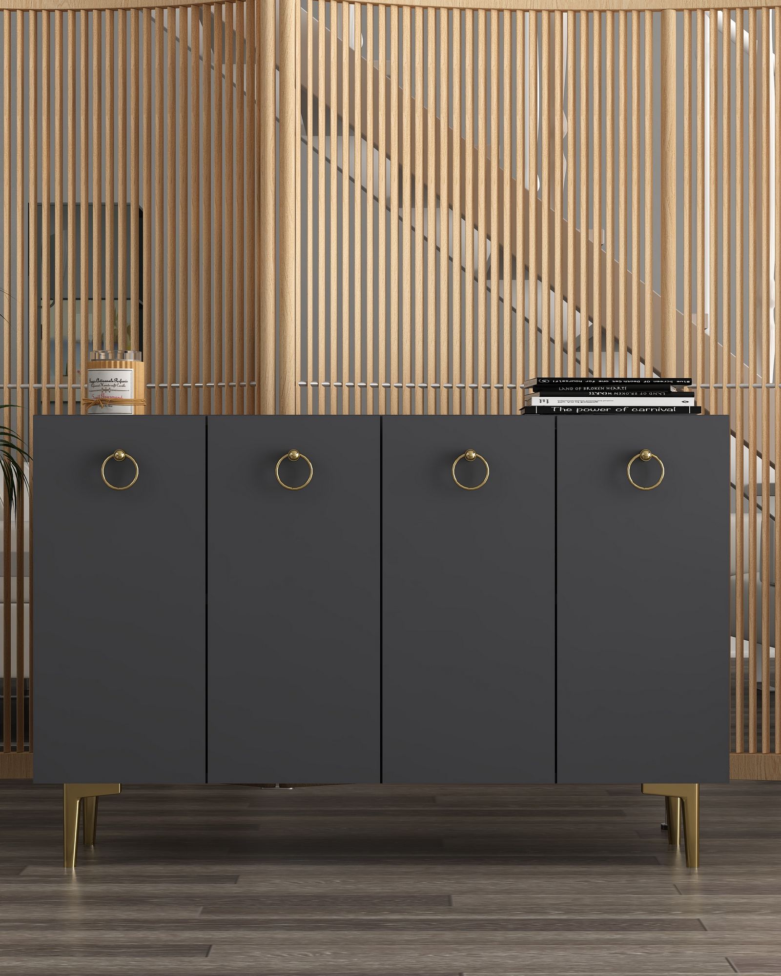 Aparador – 120 cm x 80 cm x 29,6 cm – Antracite e Ouro – Painel de Partículas Revestido em Melamina