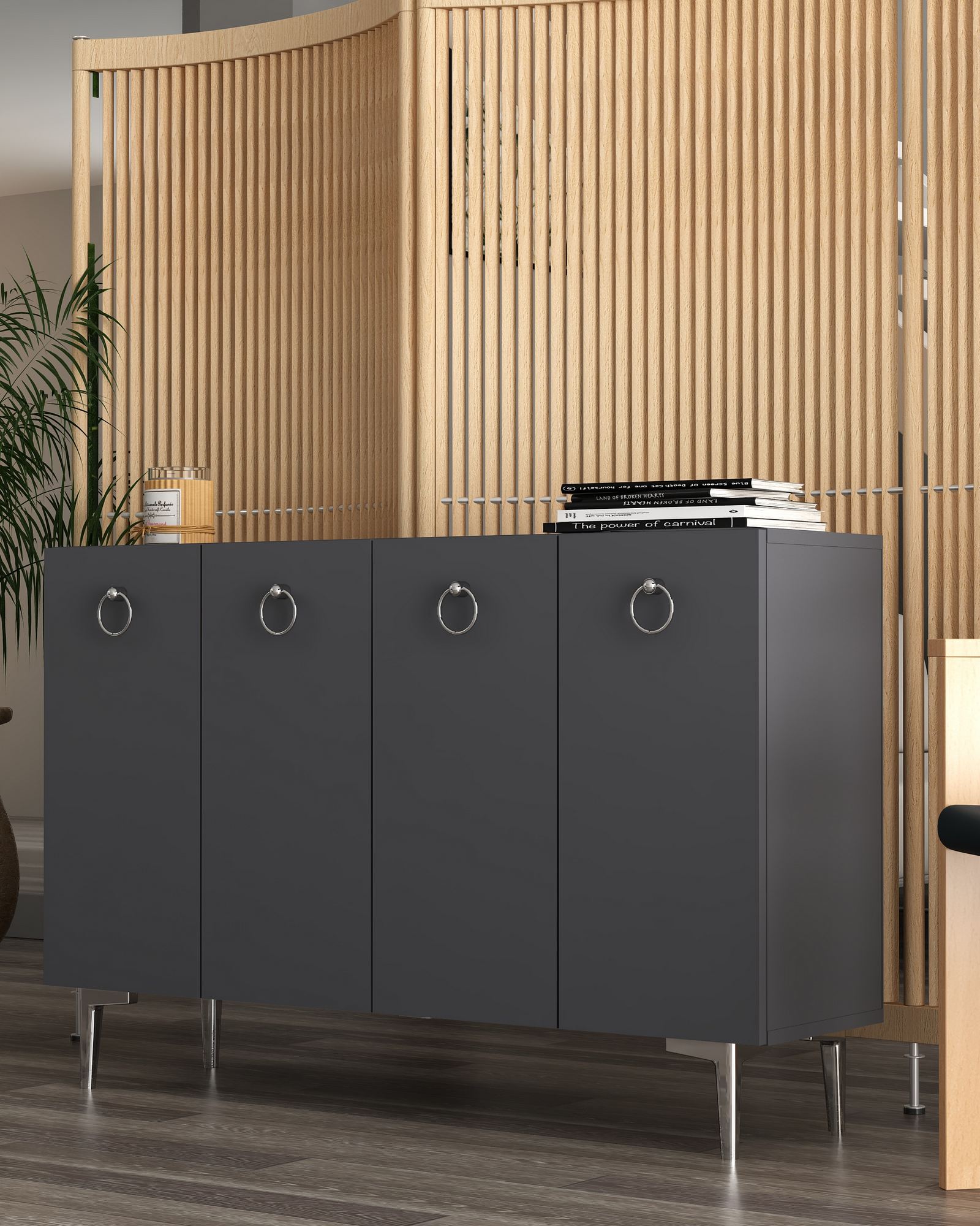 Aparador – 120cm x 80cm x 29,6cm – Antracite e Prata – MDF