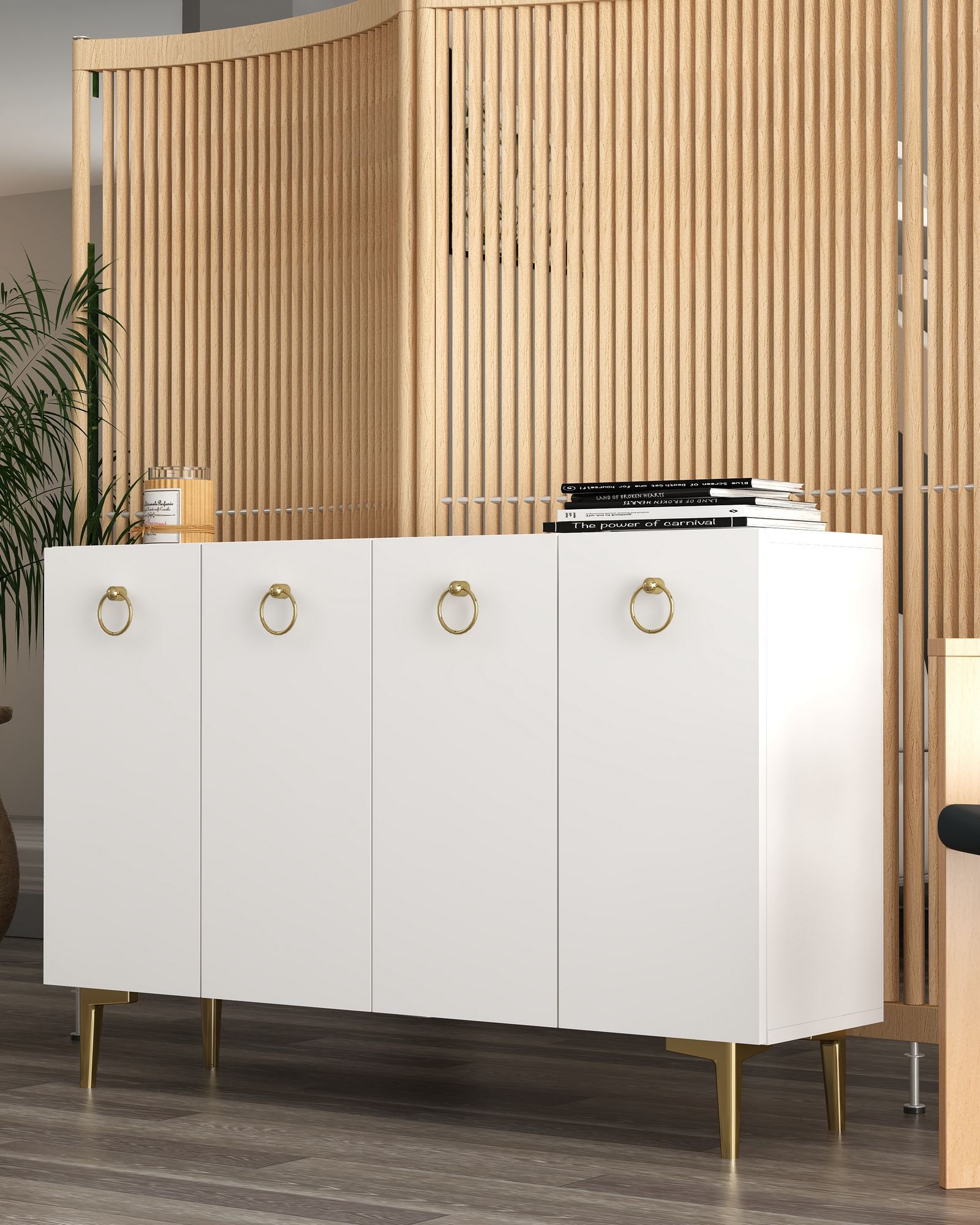 Aparador – 120cm x 80cm – Branco e Dourado – Painel de Partículas Revestido de Melamina