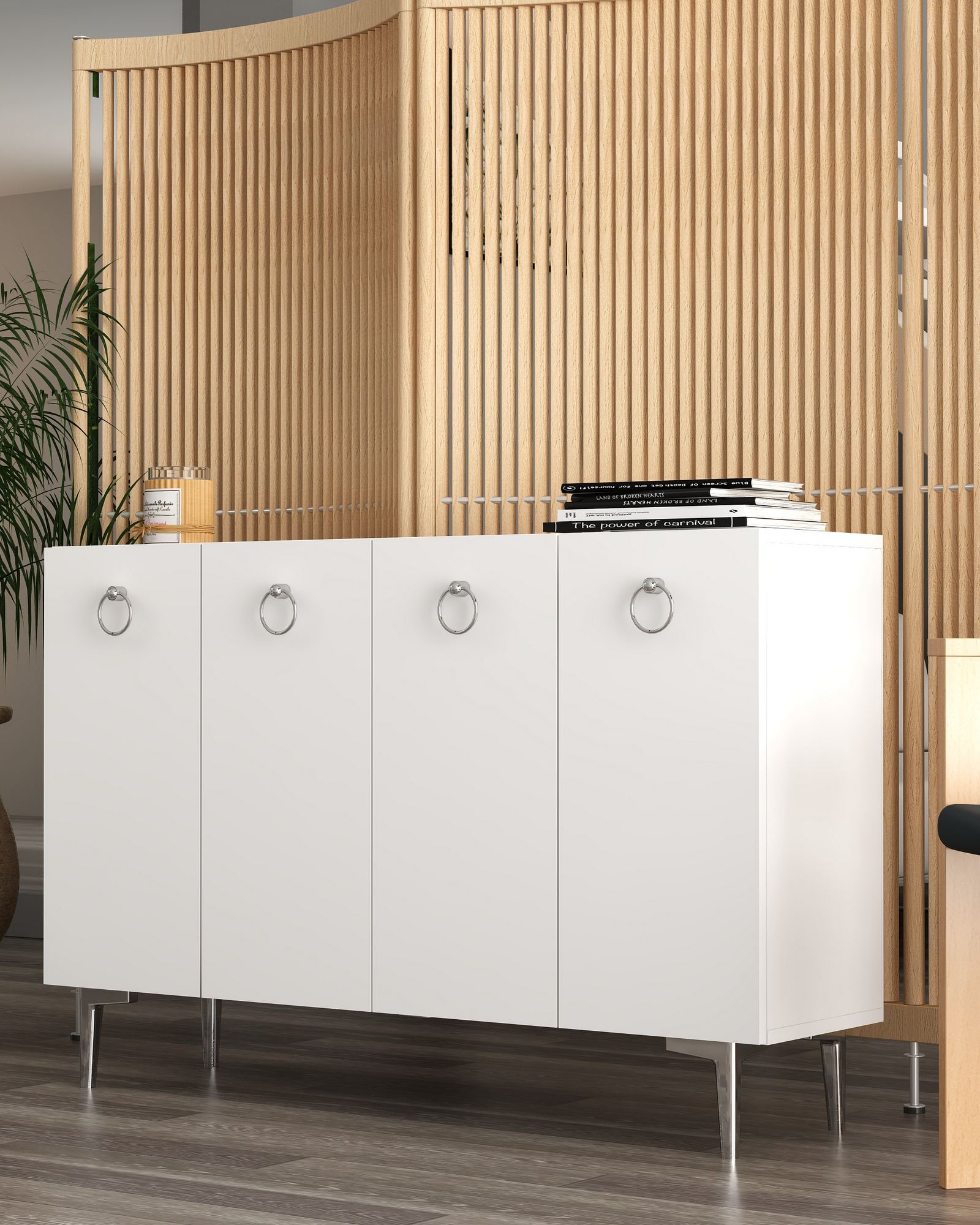 Aparador – 120 cm x 80 cm x 29,6 cm – Branco e Prata – Aglomerado revestido de melamina