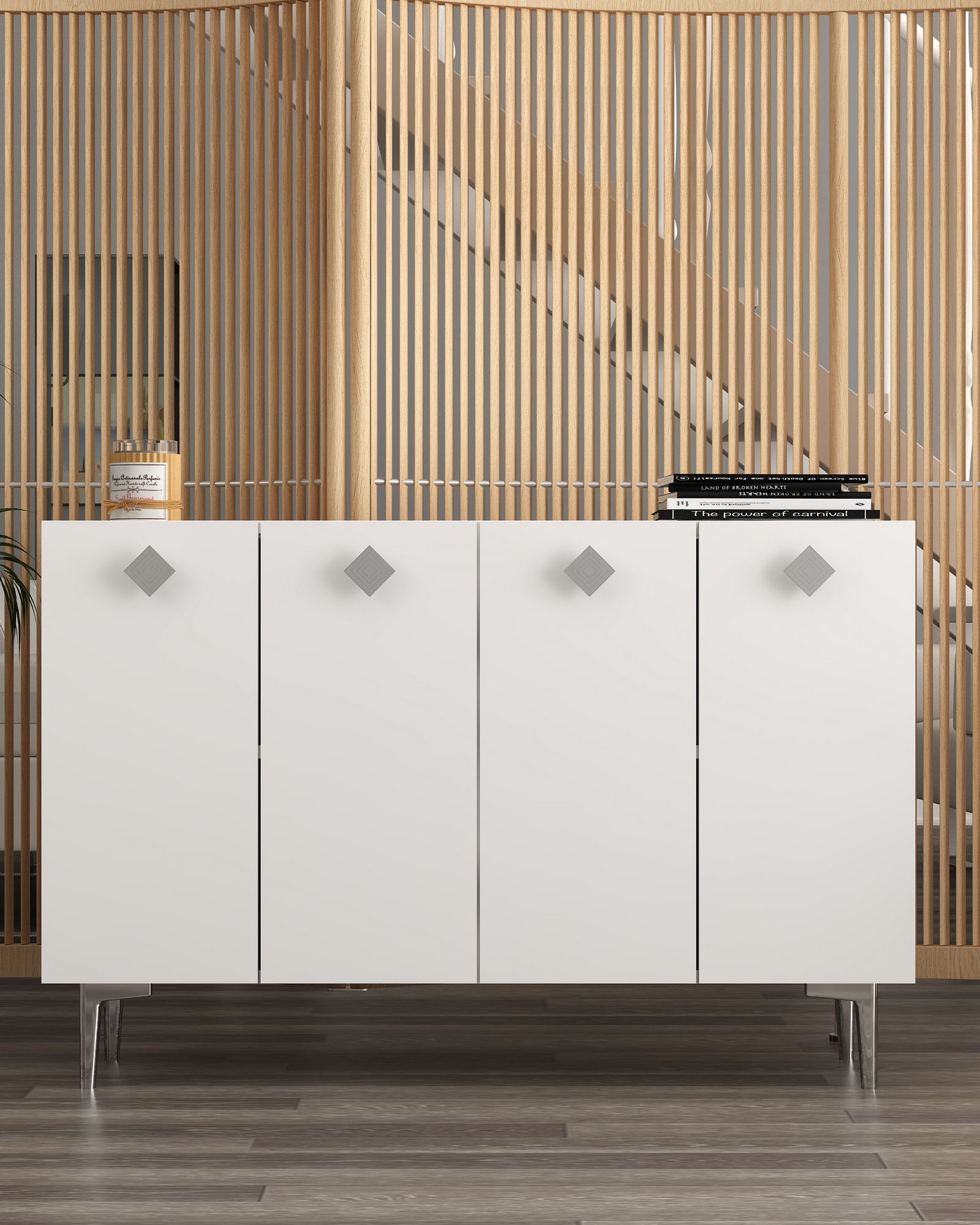 Aparador de Aglomerado Revestido de Melamina – 120 cm x 80 cm – Branco e Prata
