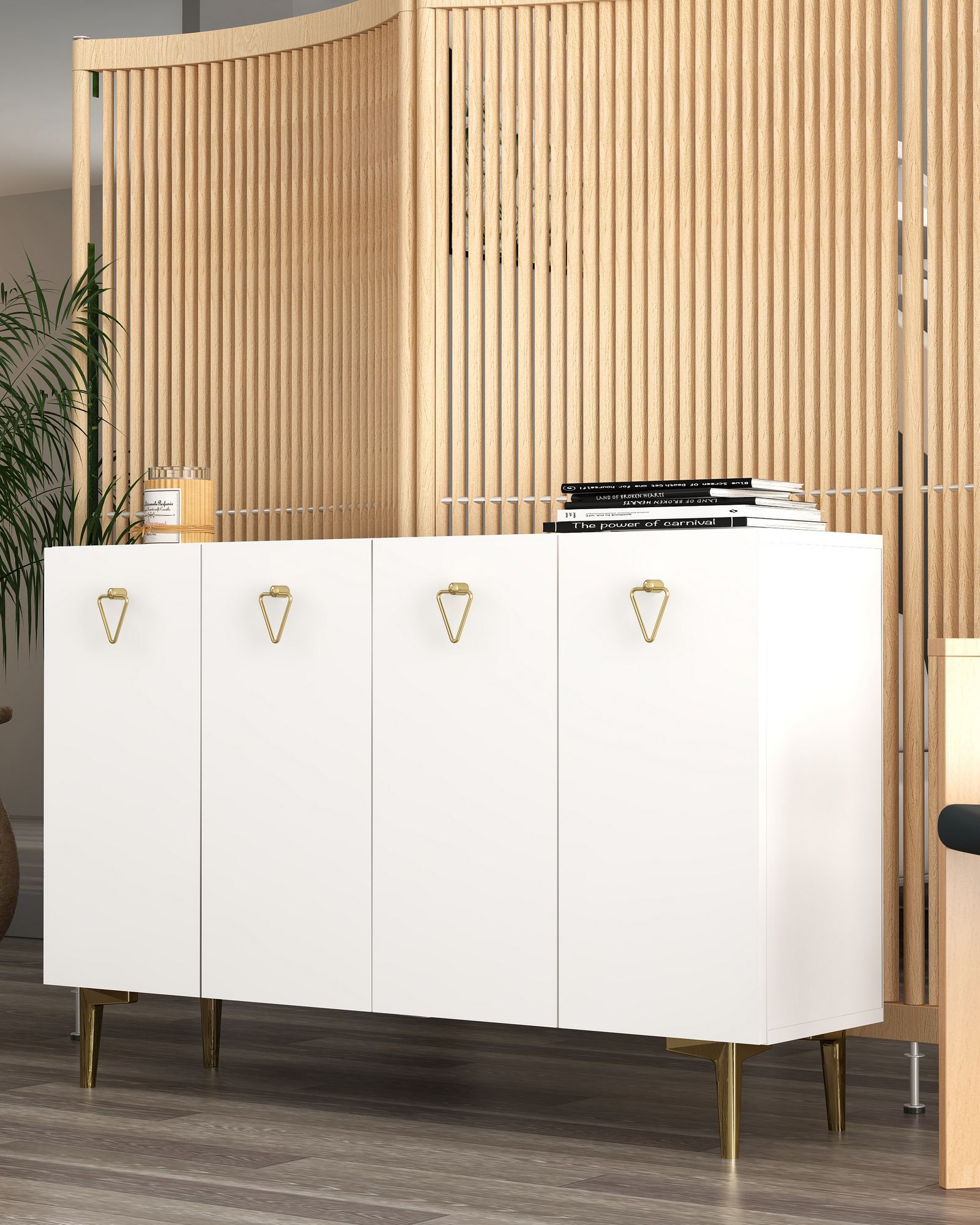 Aparador – 120cm x 80cm – Branco e Dourado – Painel de Partículas Revestido de Melamina